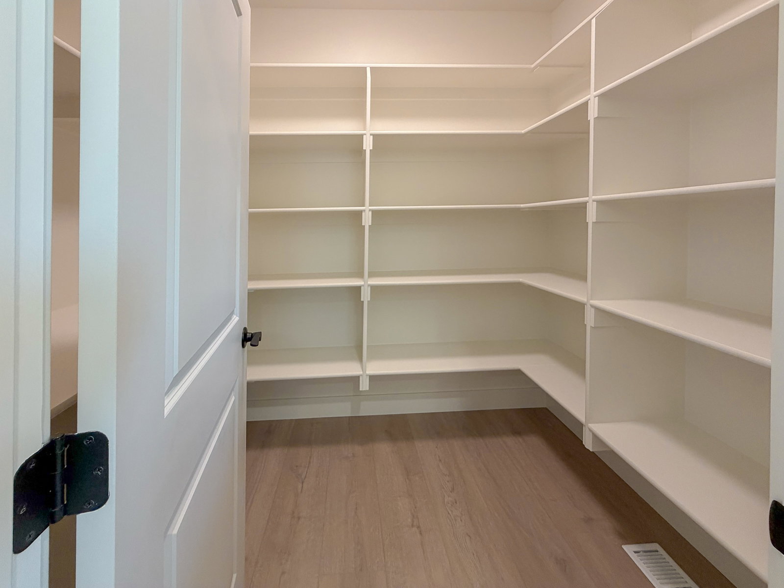 Walk-in pantry featuring extensive white shelving