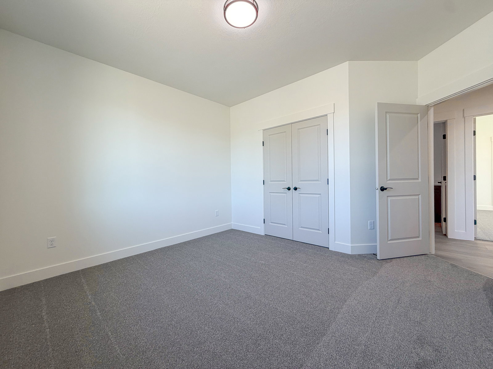 Interior room featuring light gray carpeting, white walls, and white baseboards