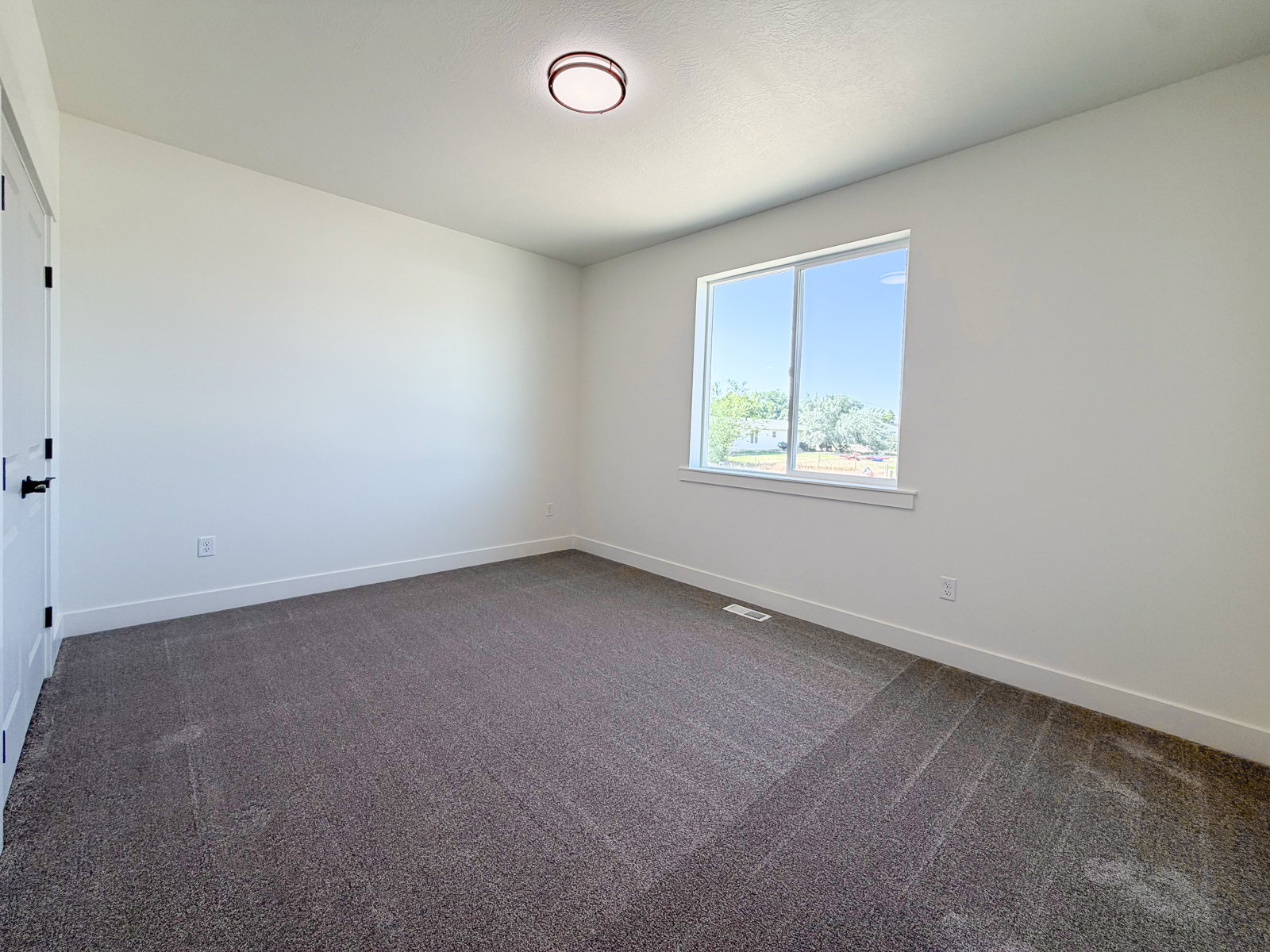 Neutral tone wall paint with white trim, dark carpeting, and a flush mount ceiling light fixture