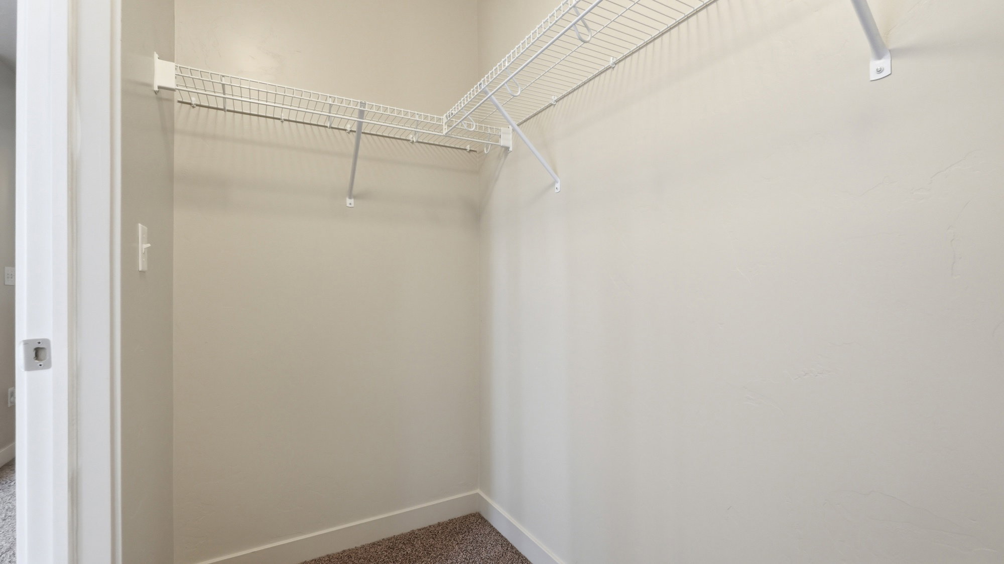 Walk-in closet featuring wire shelving, wire hanging rods, neutral wall paint, white baseboards, and carpet flooring