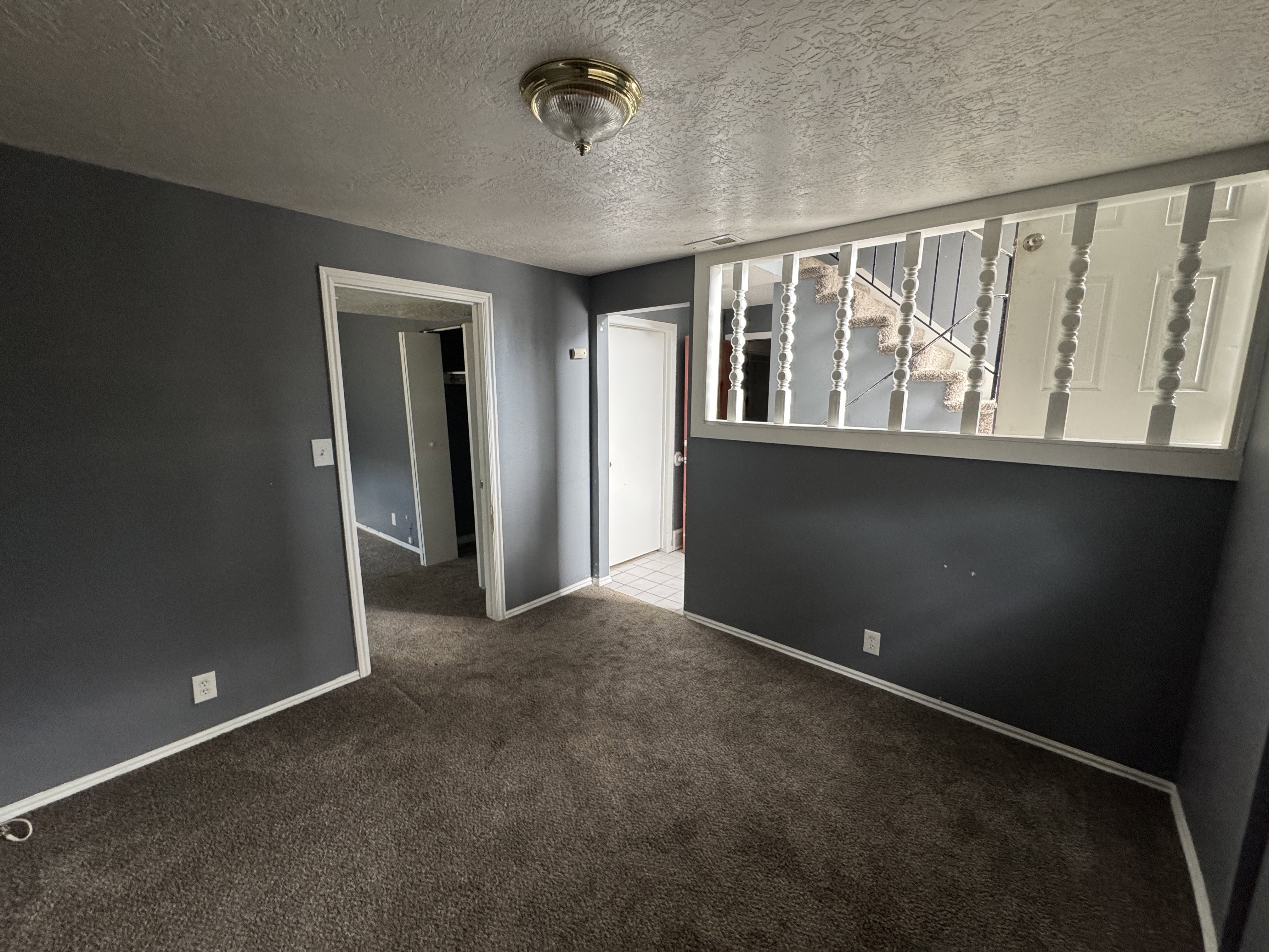 Carpeted interior space featuring dark gray walls and white baseboards
