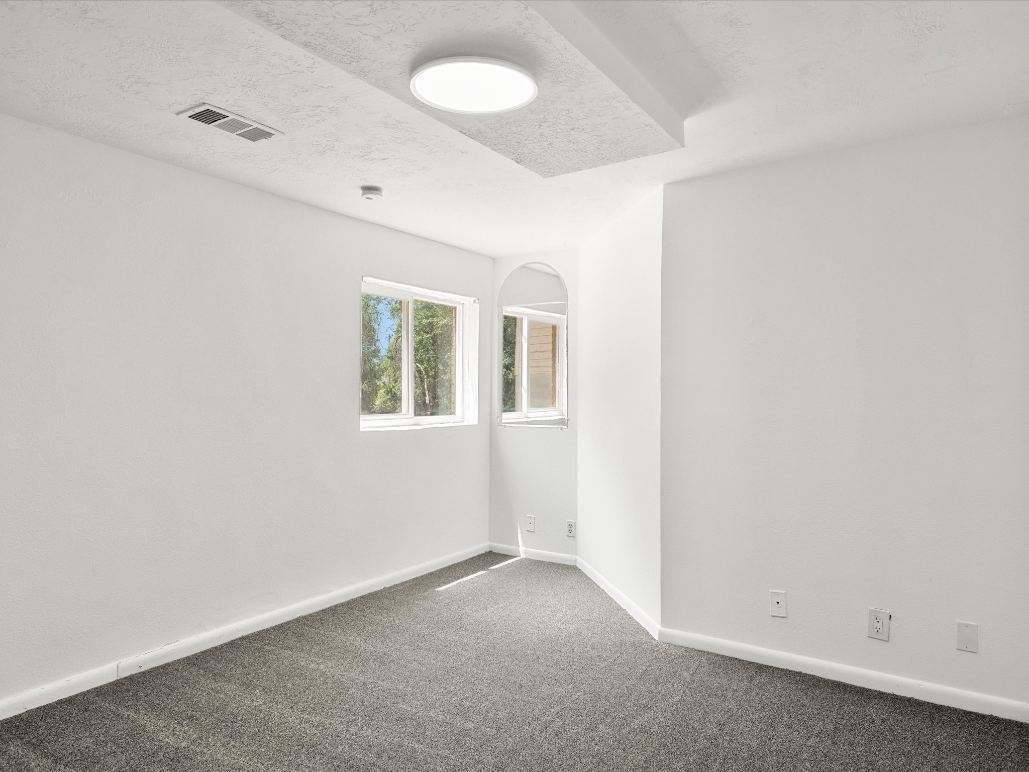 Bright interior space featuring a recessed ceiling detail with a flush-mount circular light fixture, white walls, and gray carpeting