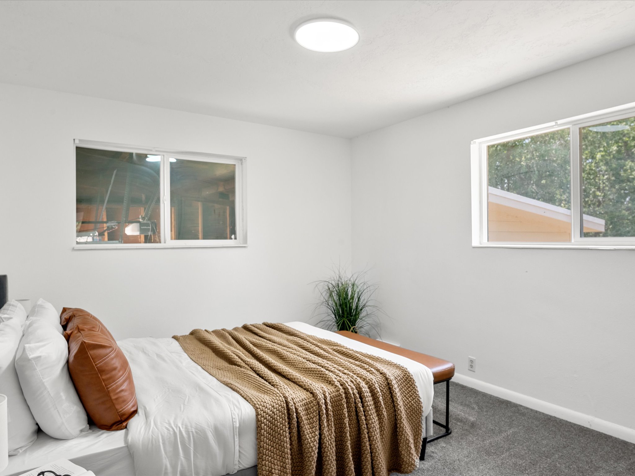 Bedroom featuring two windows, neutral wall tones, a flush-mount ceiling light, and gray carpet flooring