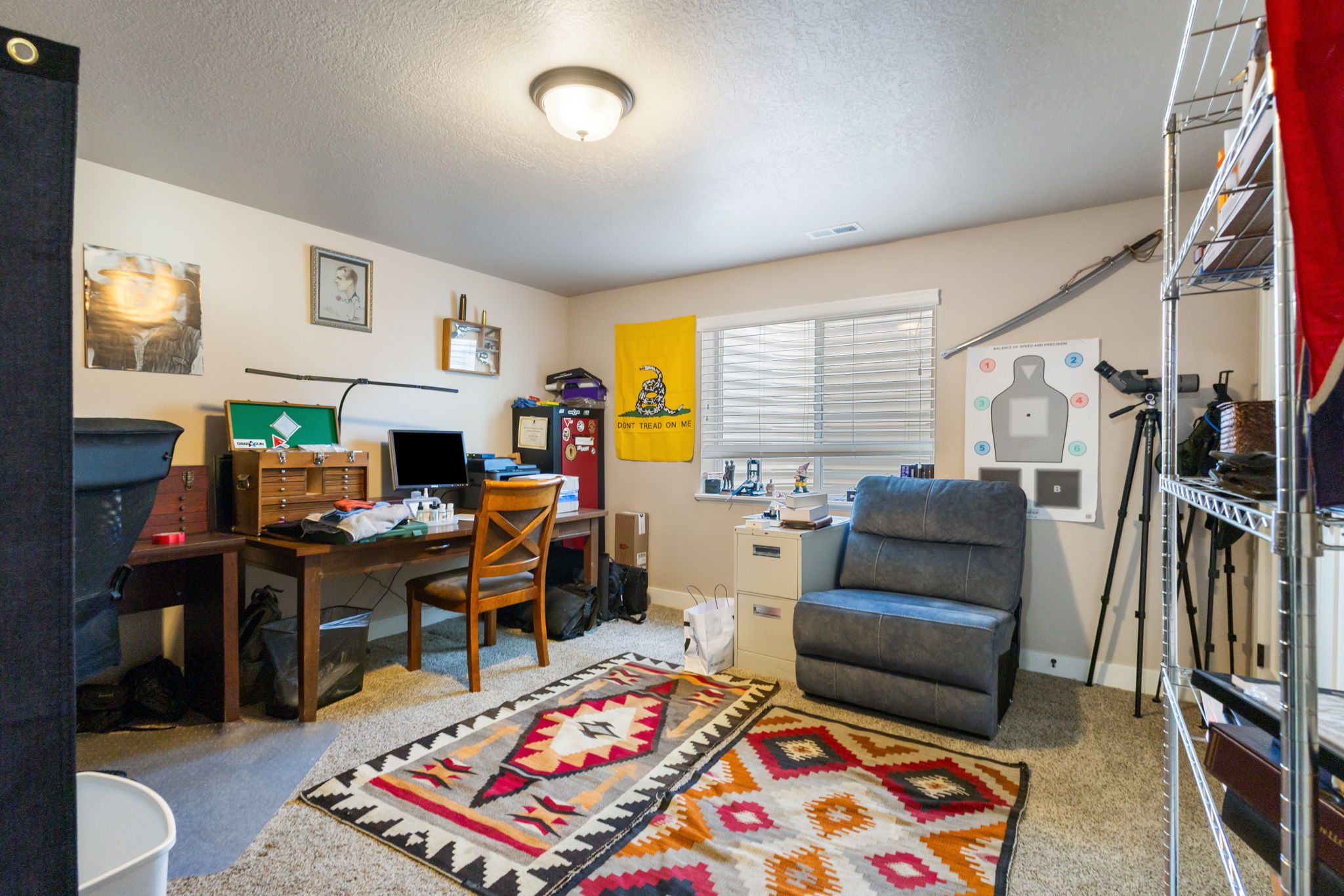 Carpeted room featuring a window with blinds, a built-in light fixture, and neutral wall tones