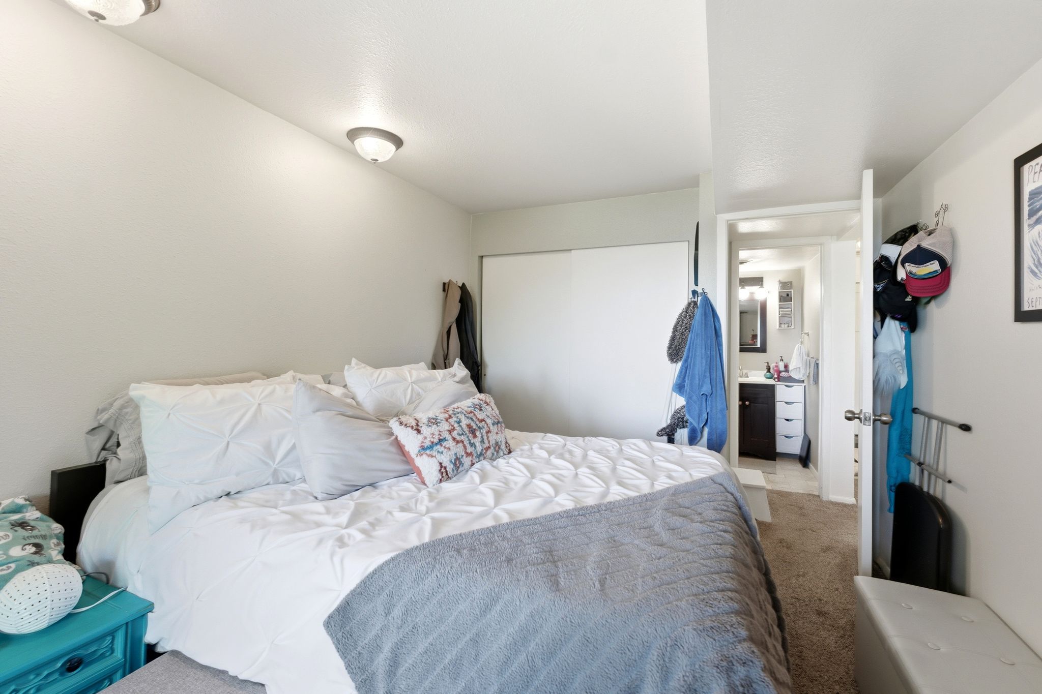 Neutral wall paint, flush mount ceiling lighting, and carpeting create a simple bedroom aesthetic