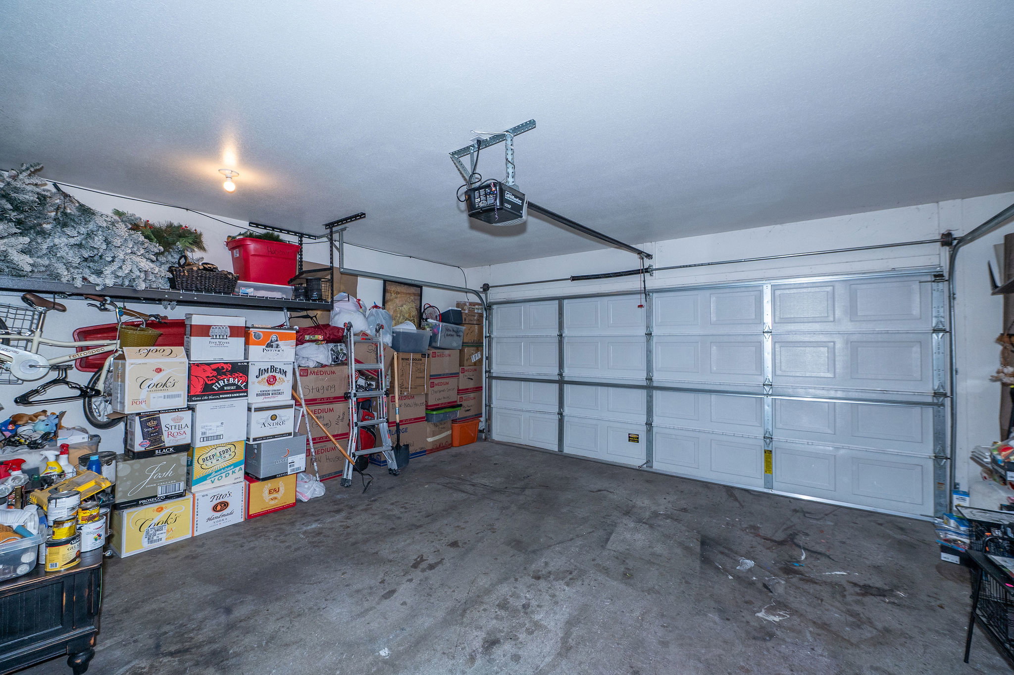 Two-car garage featuring a white panel door and concrete flooring