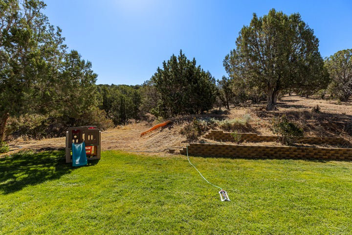 Grassy lawn area featuring terraced retaining walls and mature trees
