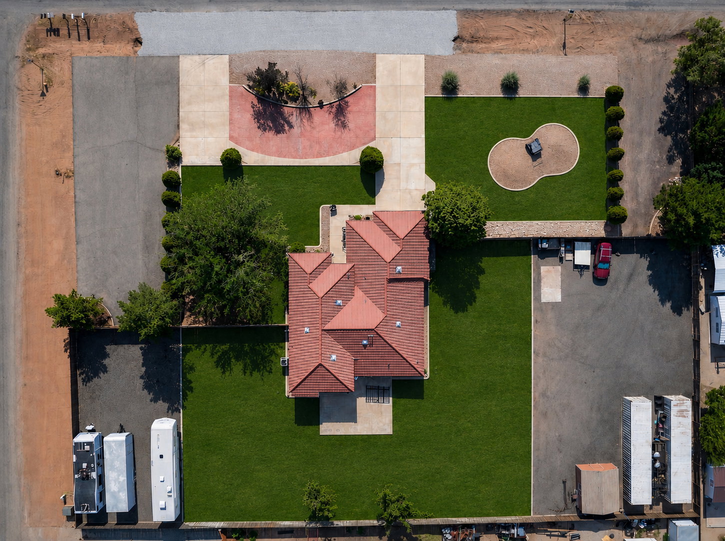 Red tile roof residence on a spacious lot featuring extensive green lawns AI Generated to show options