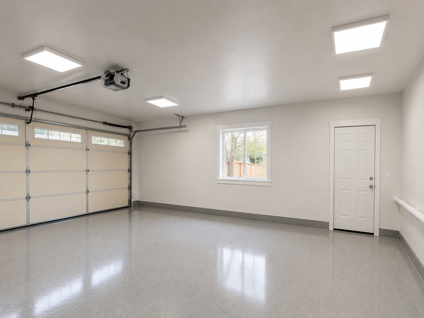 Spacious two-car garage featuring a light gray epoxy floor finish and four flush-mount ceiling lights