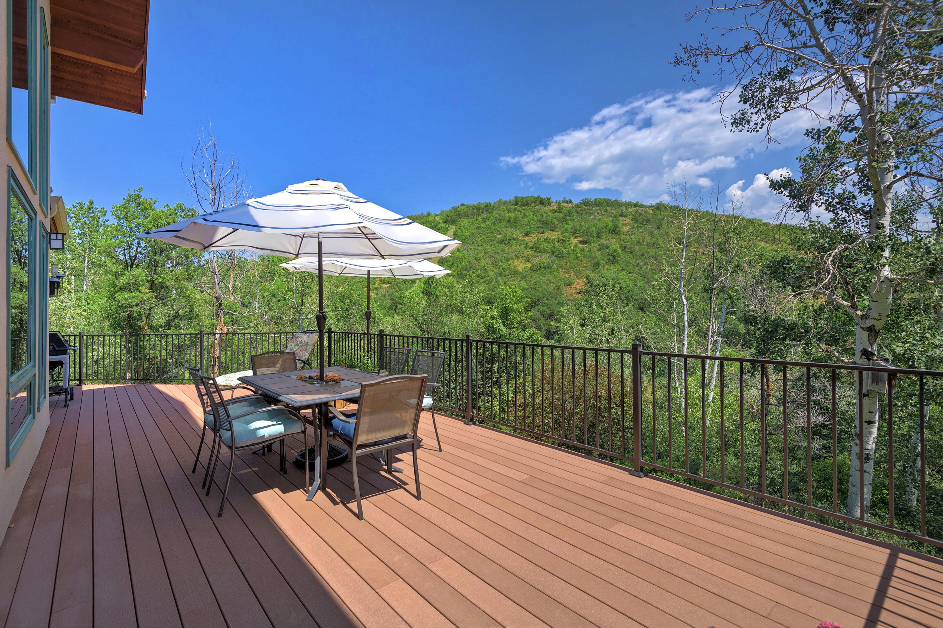 Expansive outdoor deck featuring wood-finish flooring, a black metal railing, and direct access from the interior
