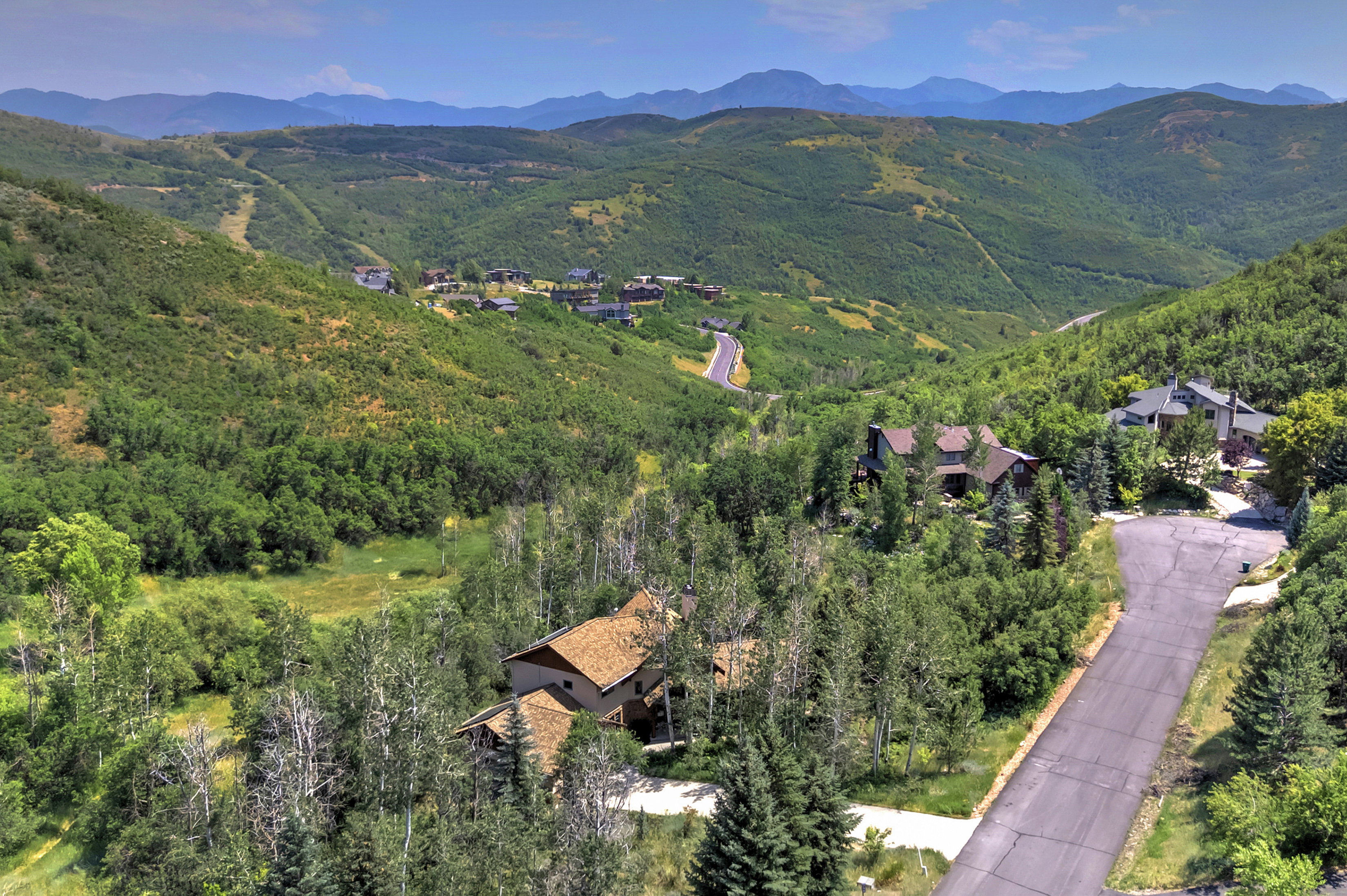 Expansive mountain landscape featuring verdant hillsides, mature trees, and a distant winding road