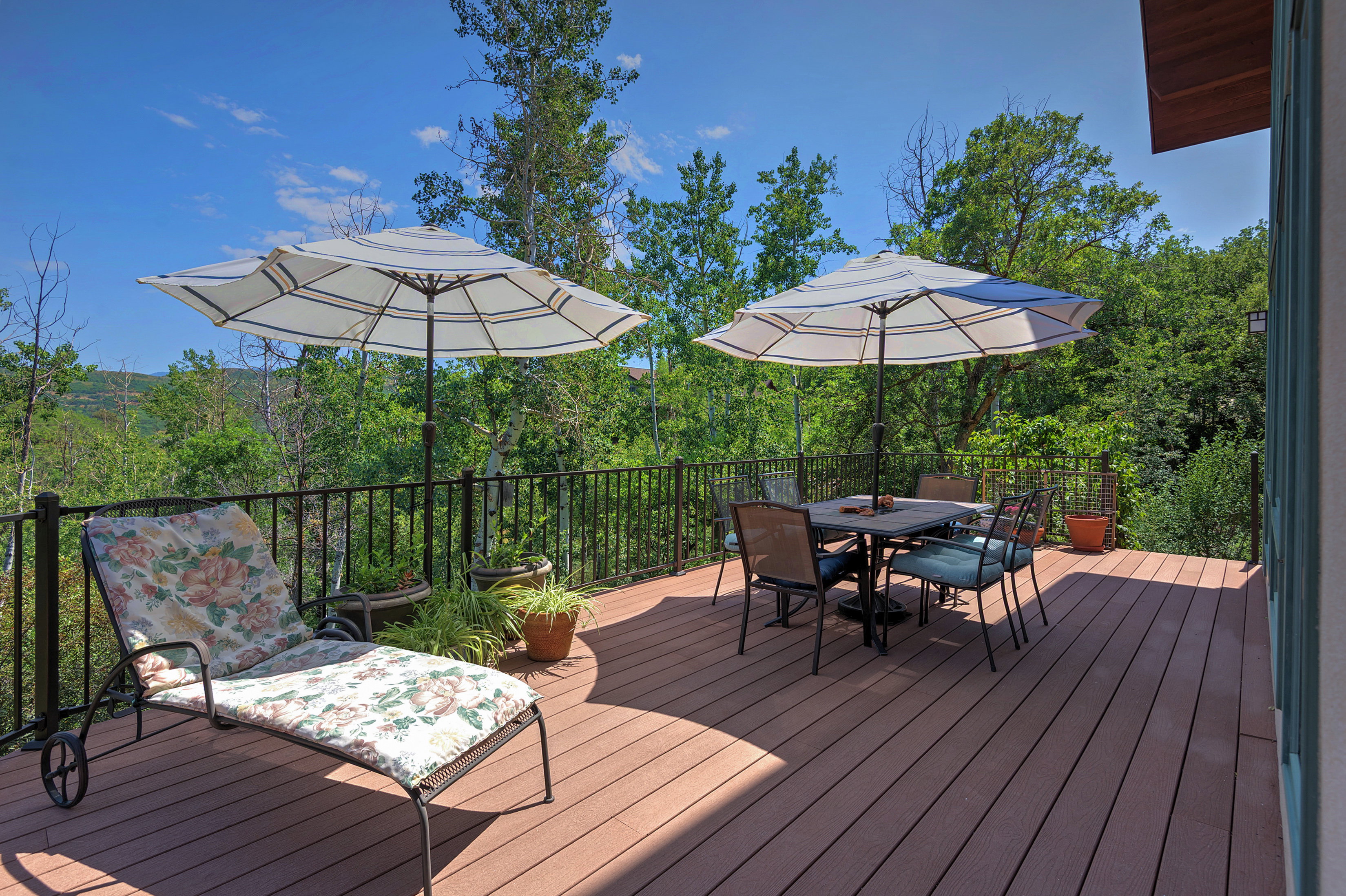 Spacious outdoor deck featuring wood-finish flooring, black metal railing, and lush surrounding greenery