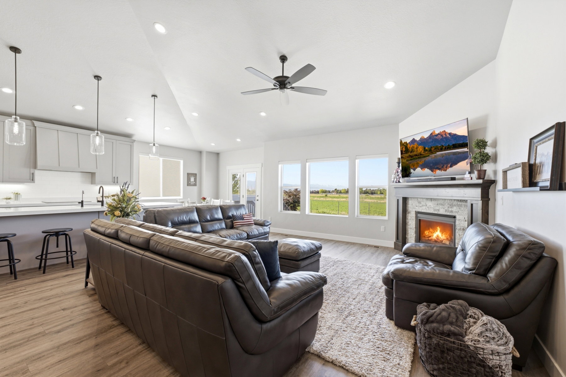 Open-concept living area with vaulted ceilings.