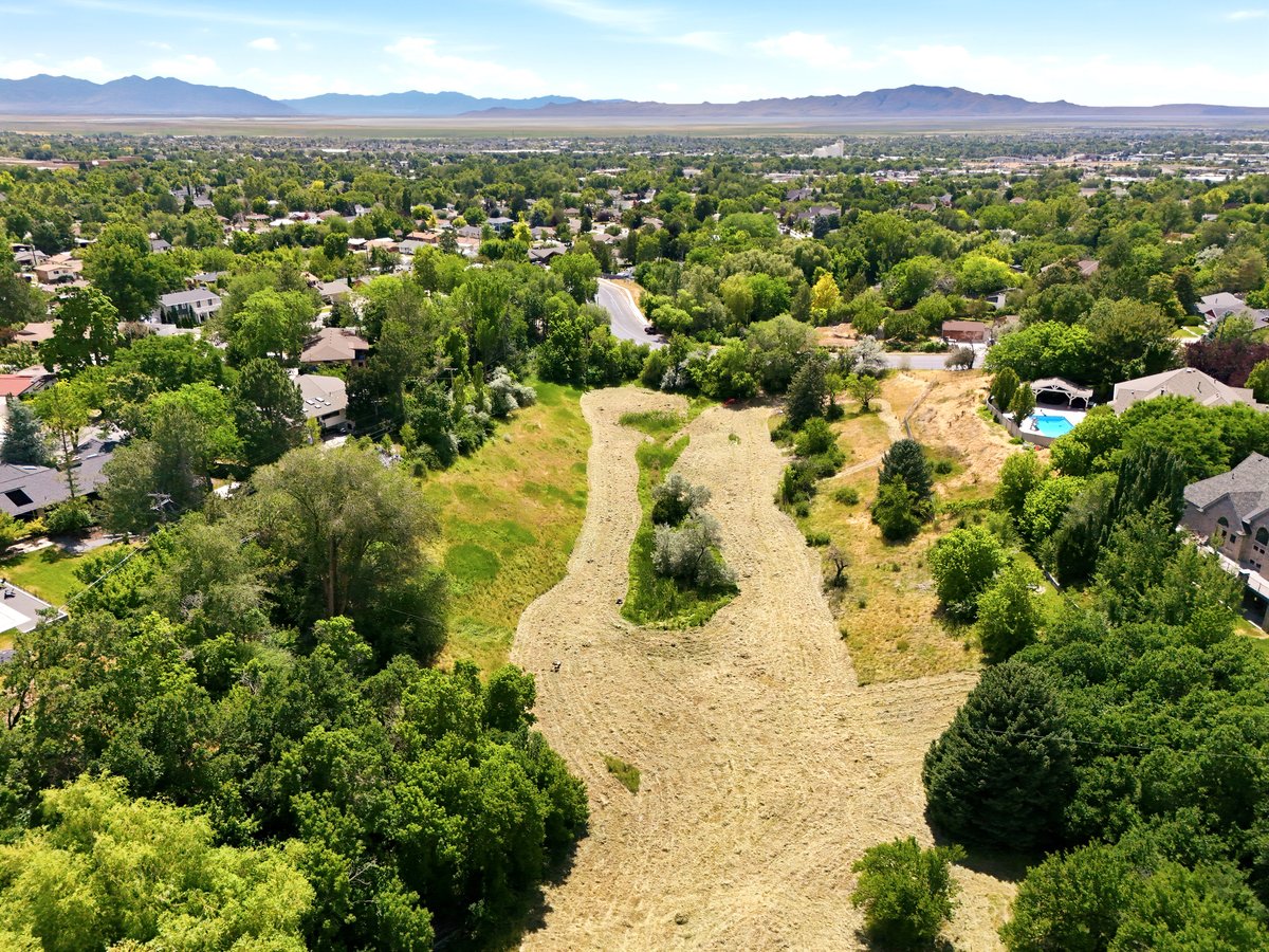 Expansive land parcel featuring cleared areas and mature trees, surrounded by residential properties and distant mountains
