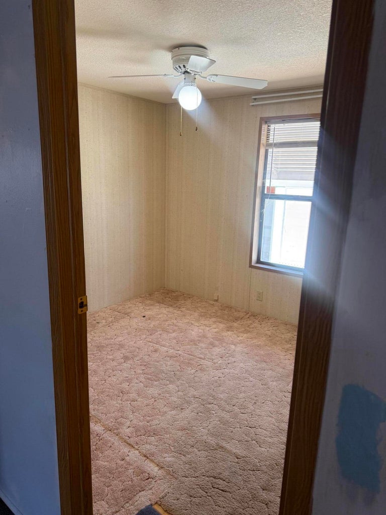Room featuring textured wall coverings, a ceiling fan with light fixture, and a window with blinds