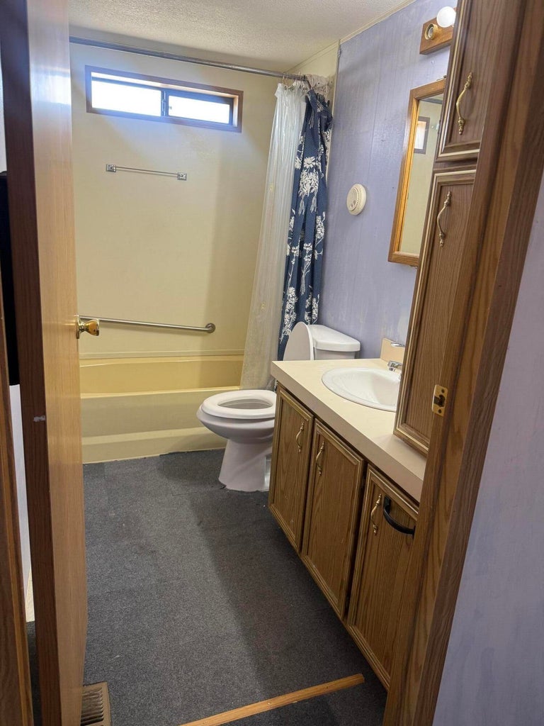 Bathroom featuring a single vanity with a white basin and wood-finish cabinetry, a toilet, and a bathtub with a shower