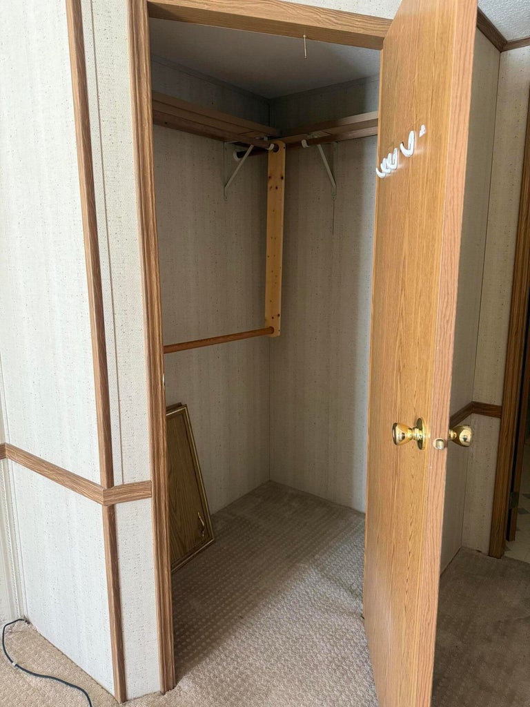 Carpeted closet interior featuring wood-finish framing and shelving