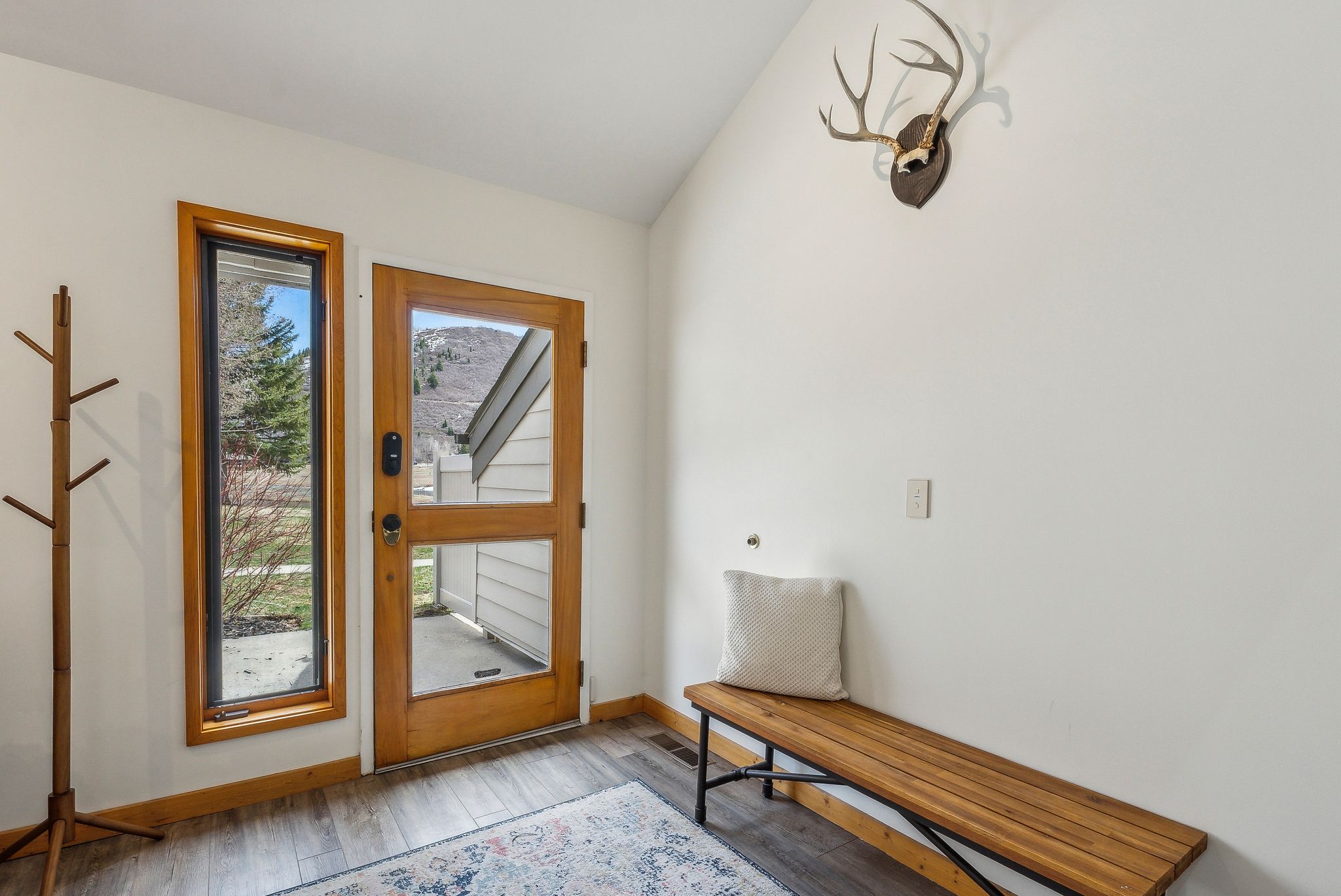 Entryway featuring wood-finish flooring, a full-lite wood-frame door, a vertical fixed-pane window, and a vaulted ceiling
