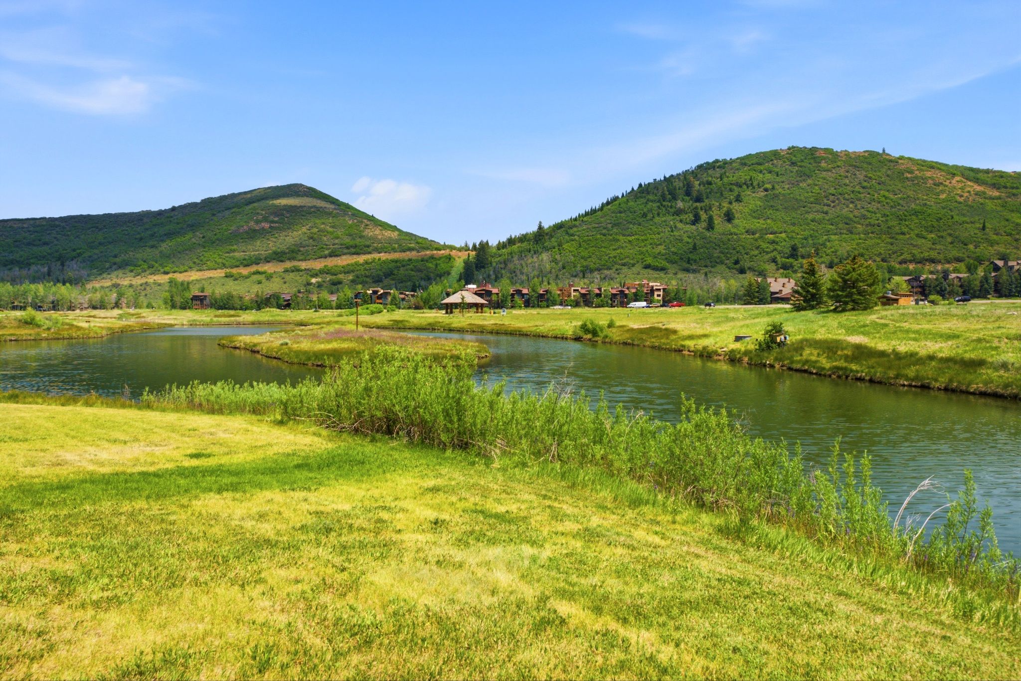 Scenic mountain backdrop with a meandering river and verdant grassy banks
