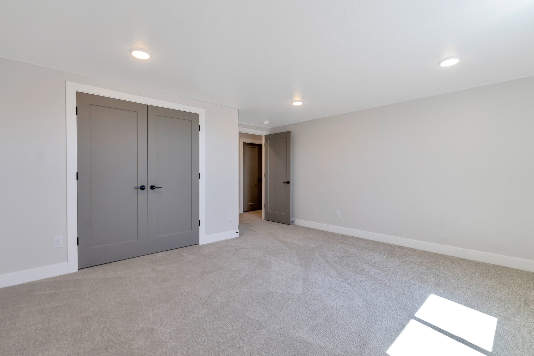 Spacious room featuring neutral carpeting, recessed ceiling lighting, and a pair of modern paneled doors with black hardware