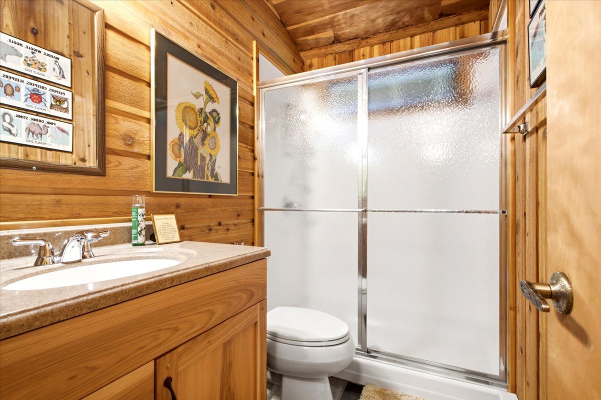 Bathroom featuring wood paneling, a wood-finish vanity with an integrated sink, a neutral-toned countertop, a chrome faucet, and a shower with frosted sliding glass doors