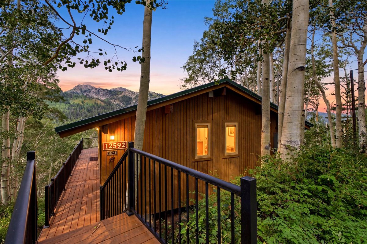 Wood-sided cabin featuring a dark green roof and multiple windows