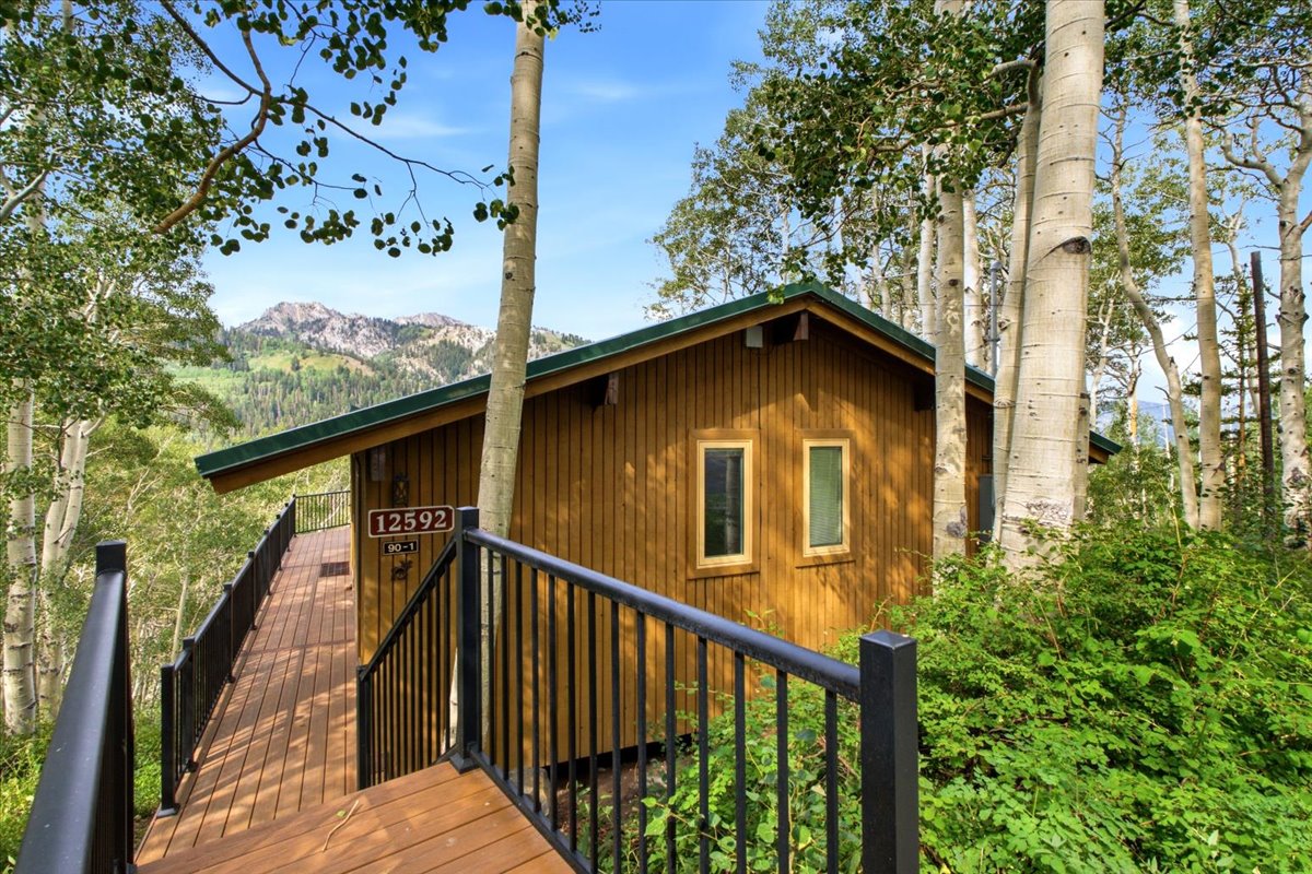 Wood-sided exterior featuring a dark green roof and a dedicated deck entrance