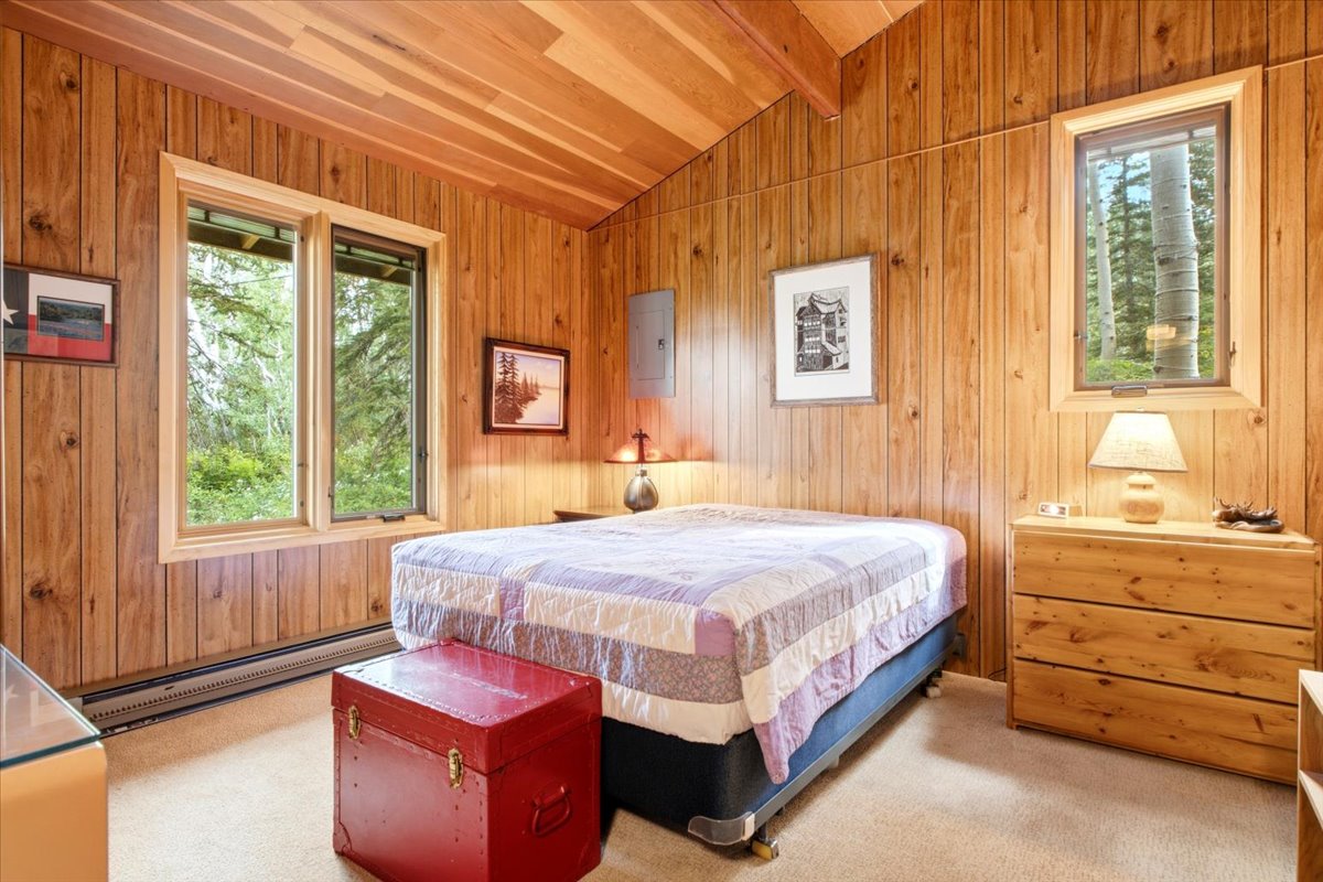 Wood-paneled room featuring vaulted wood-plank ceiling, neutral carpet, and three windows with natural wood frames
