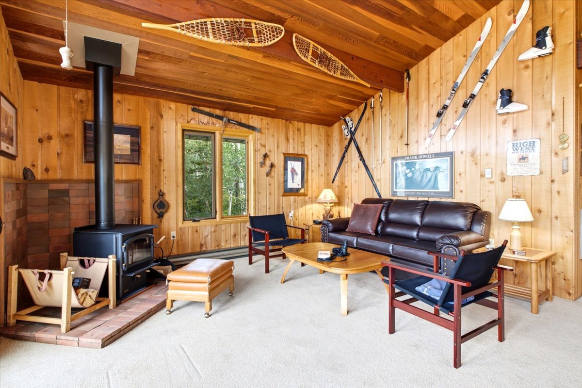 Living area featuring a black wood-burning stove on a brick hearth