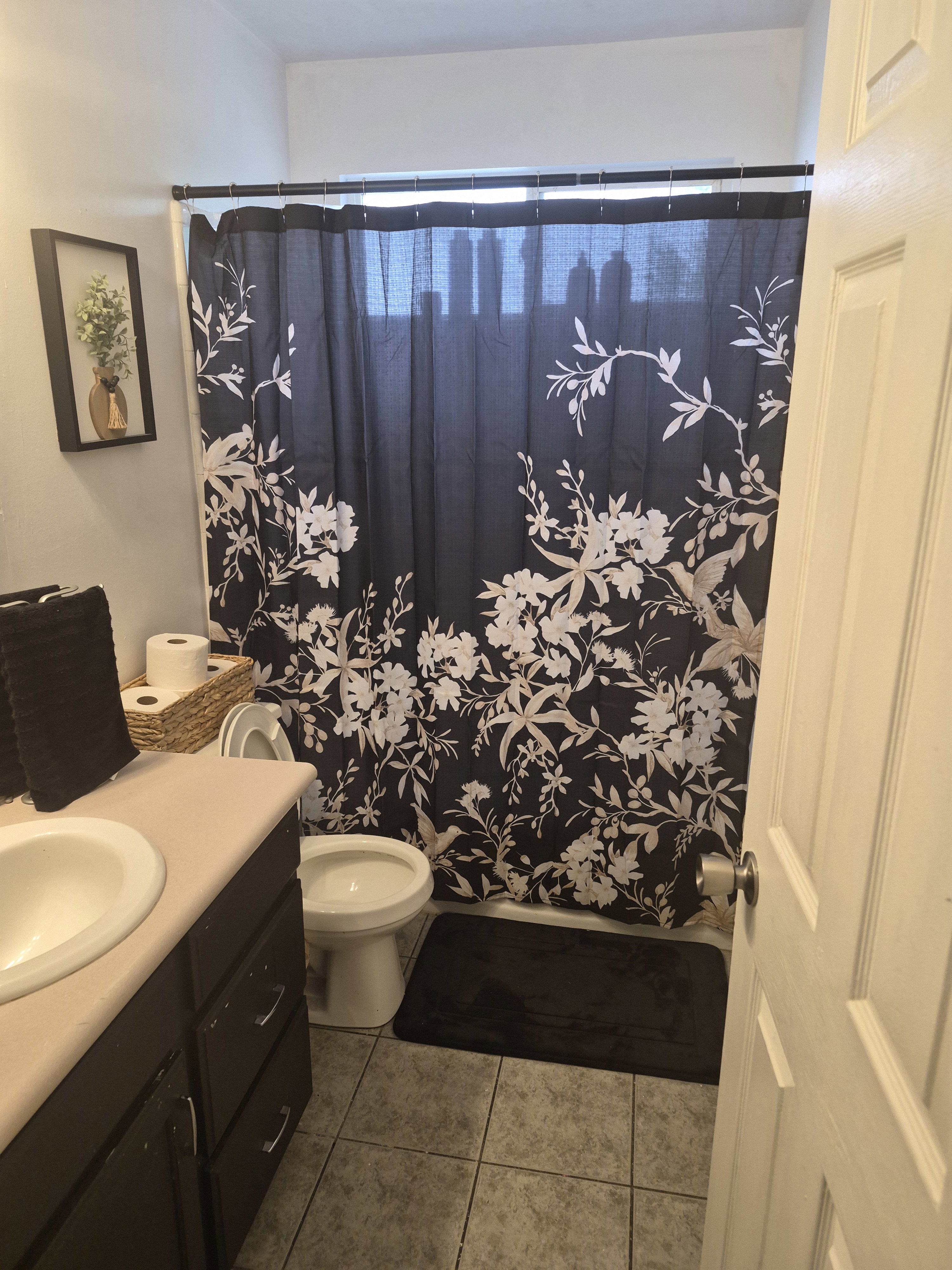 Bathroom featuring a white toilet, a vanity with a white basin sink, dark cabinetry, and a light-colored countertop