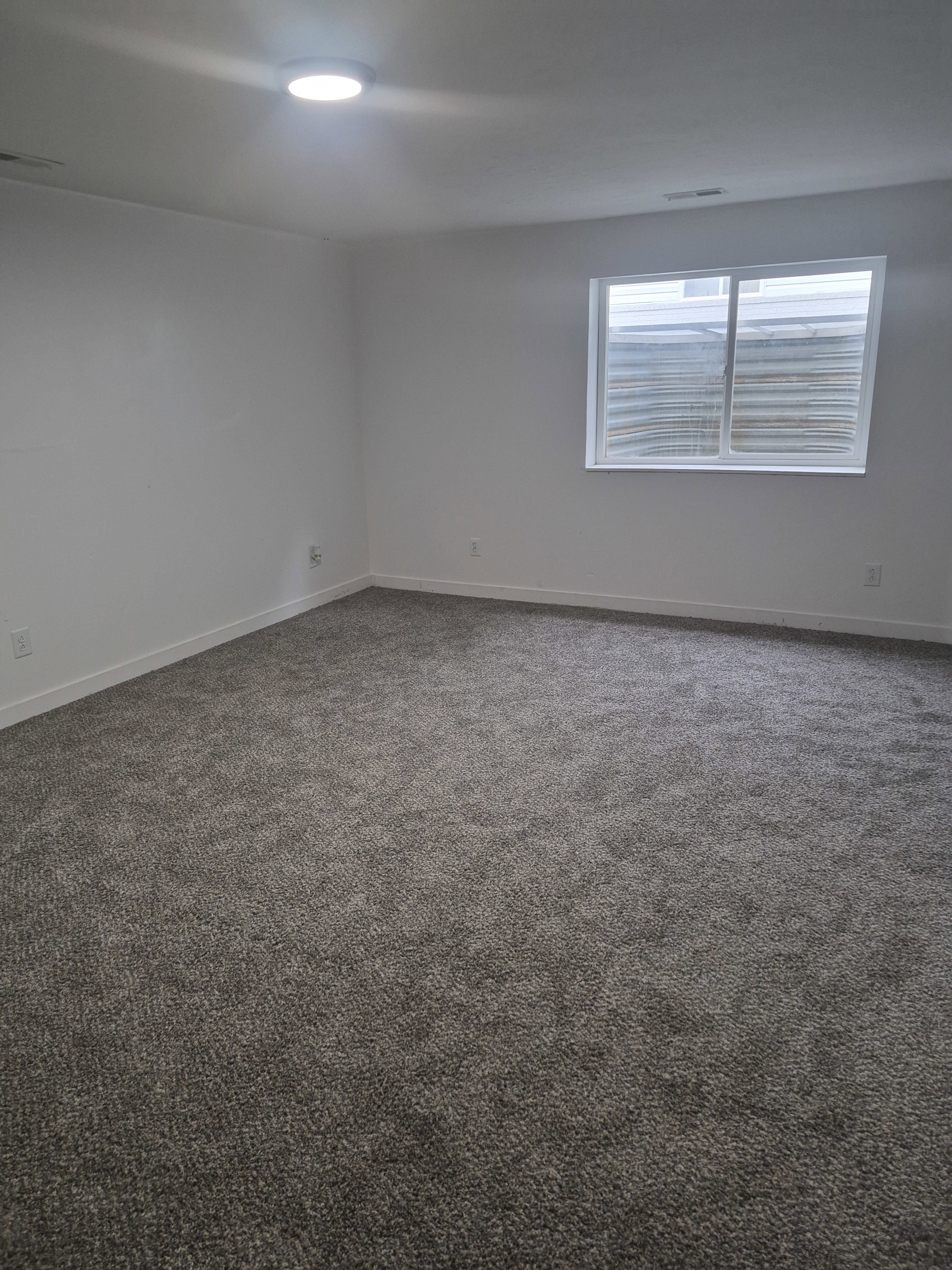 Spacious room featuring gray textured carpet, white baseboards, a single window, white walls, and a flush-mount ceiling light