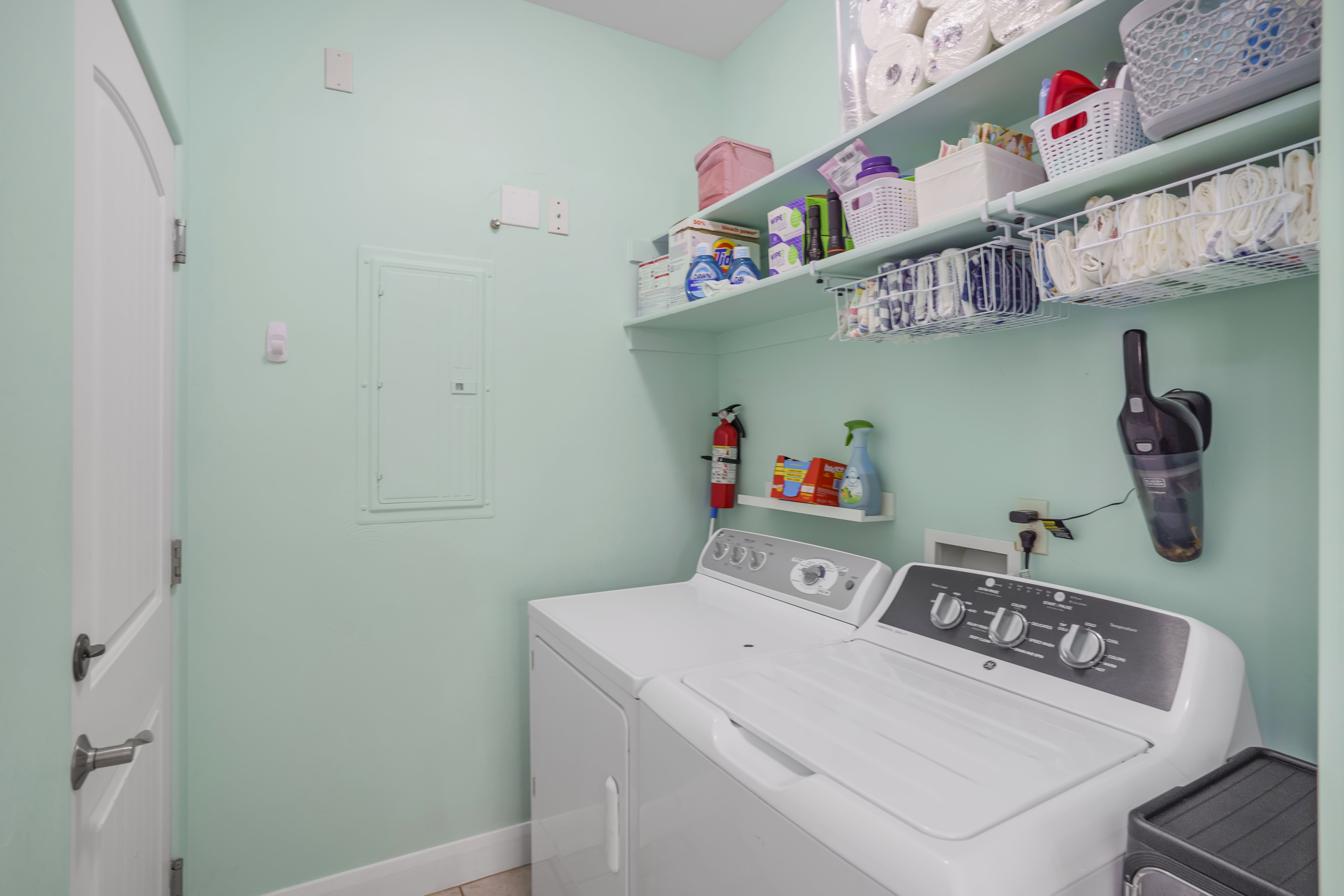 Dedicated utility space featuring light green walls, a white paneled door with dark hardware, and robust shelving for organization