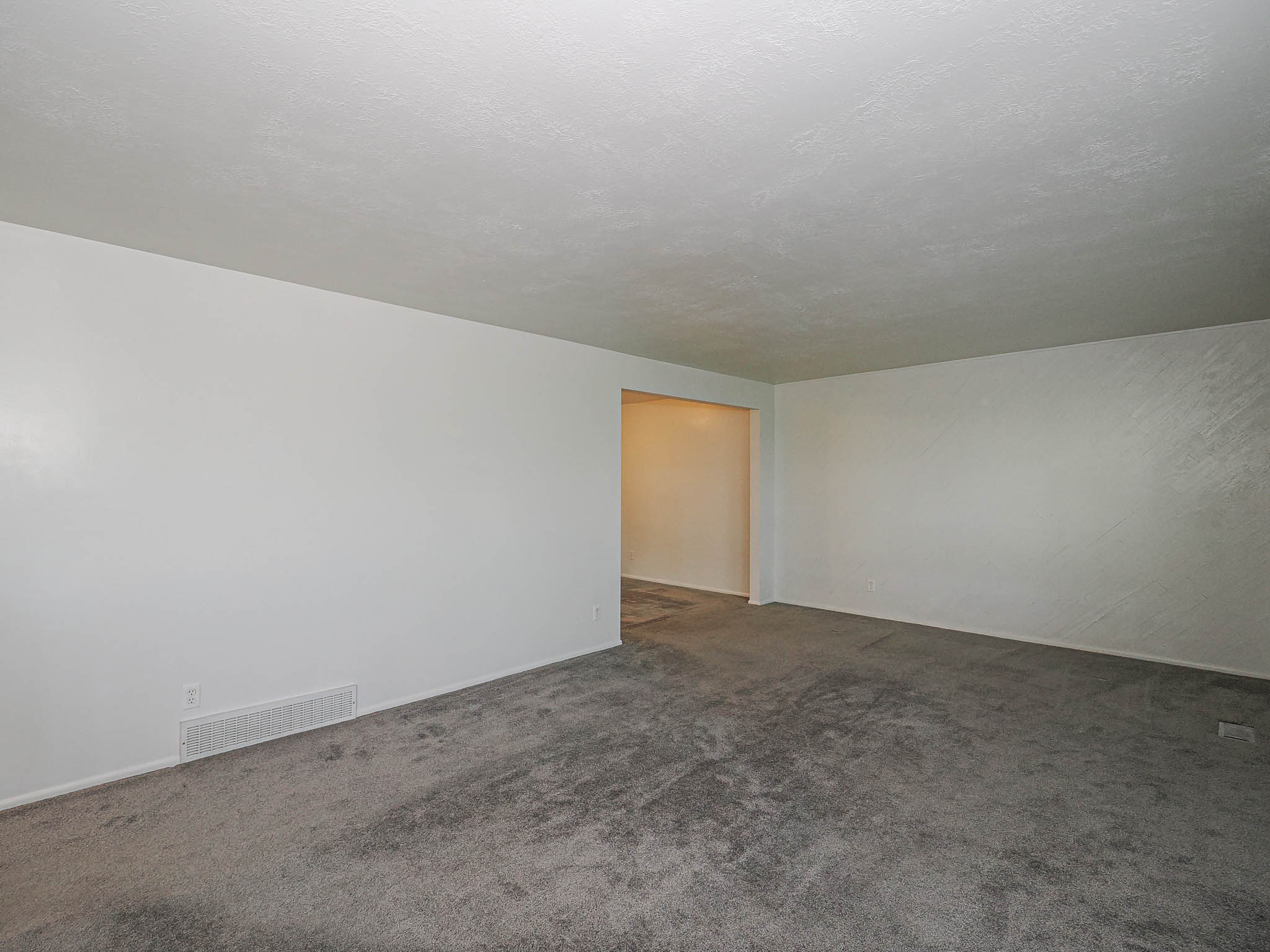 Spacious interior room featuring light-colored walls and grey carpeting
