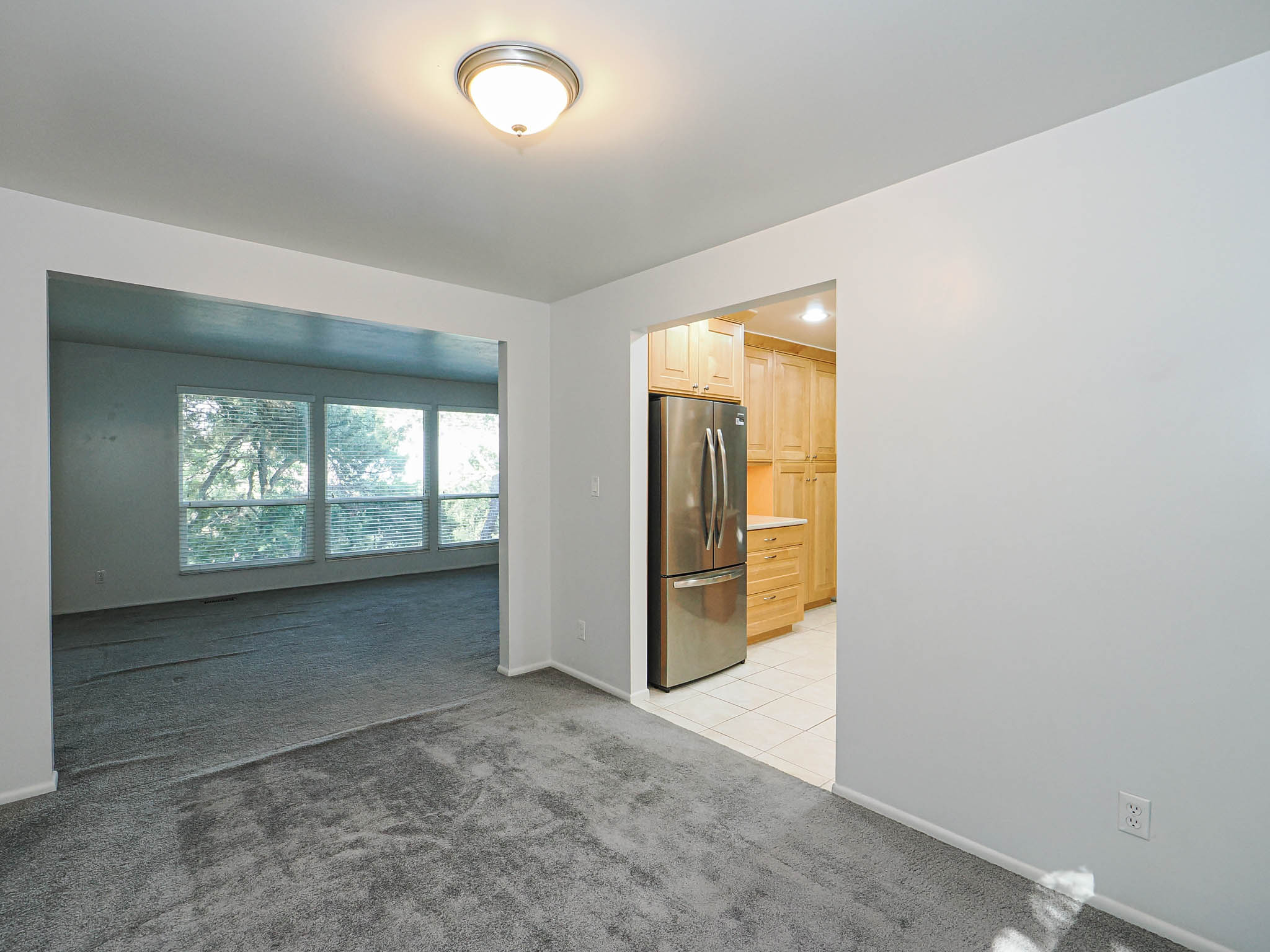 Open concept living space with new carpeting and large windows