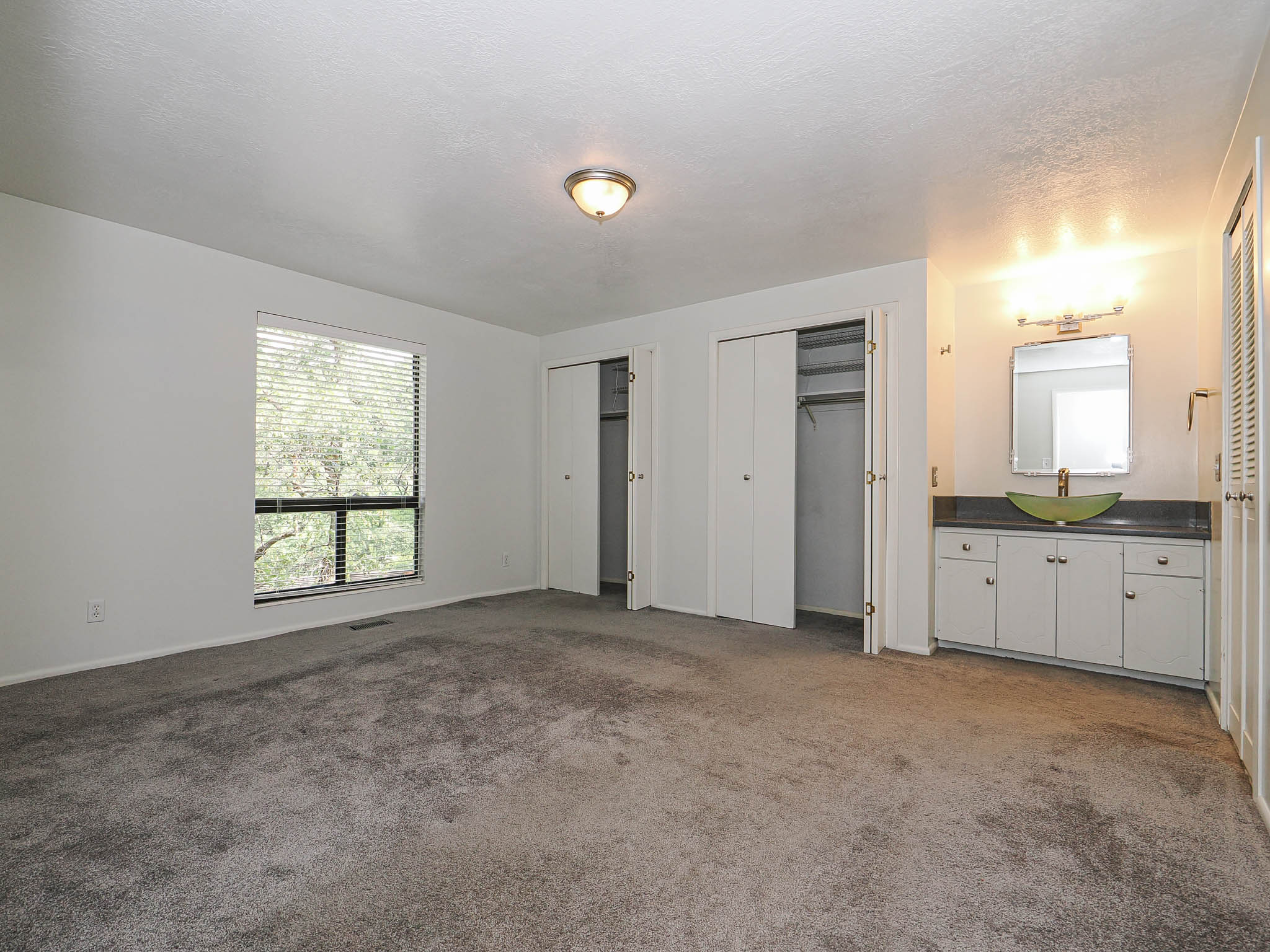 Spacious room with gray carpet, featuring a built-in vanity with a green vessel sink, a large window, and two closet areas