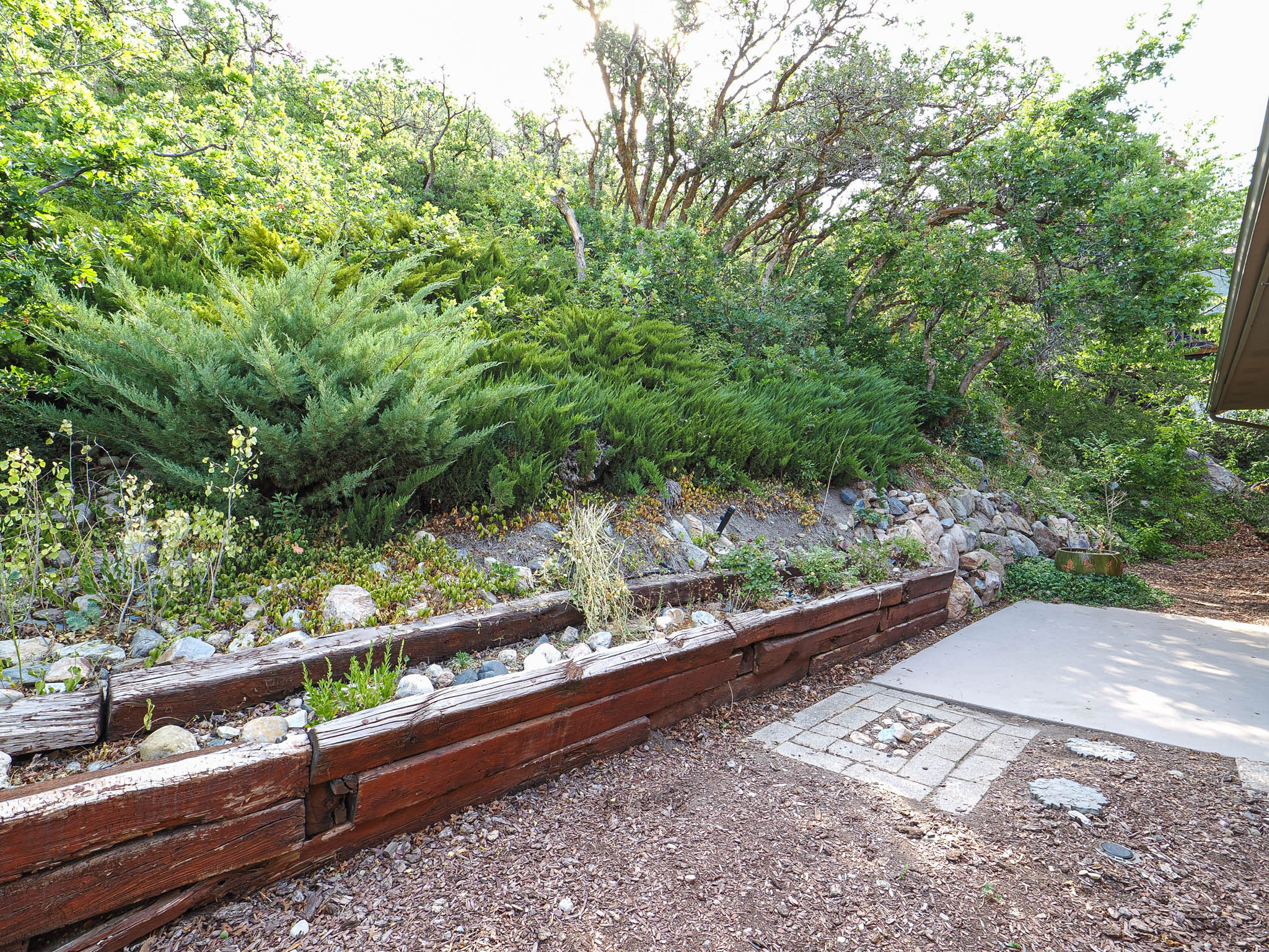 Terraced landscaping featuring retaining walls constructed from railroad ties, a stone garden bed, and mature evergreen shrubs