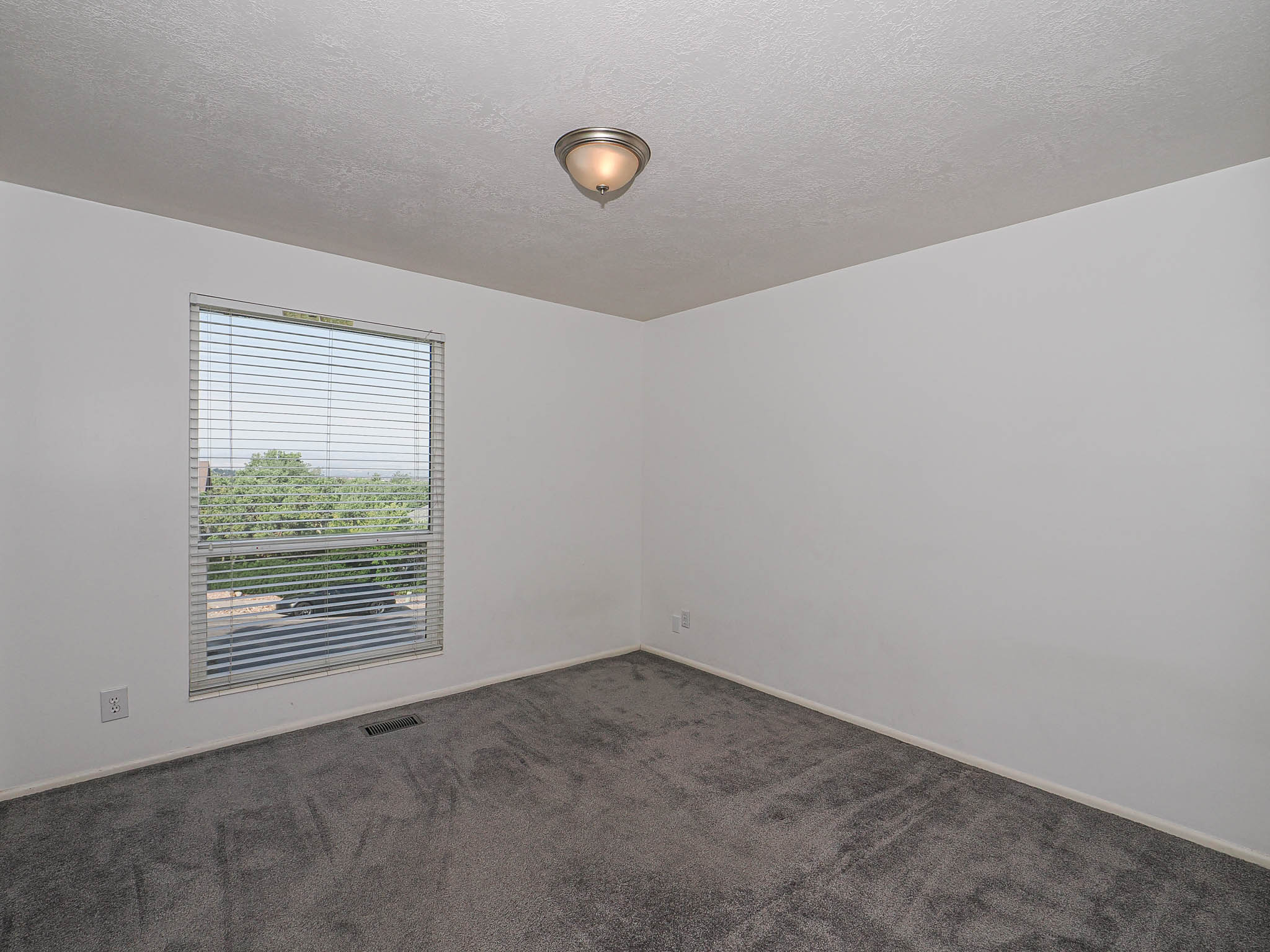 Room with neutral wall paint, gray carpet flooring, a window with horizontal blinds, and a flush-mount ceiling light fixture