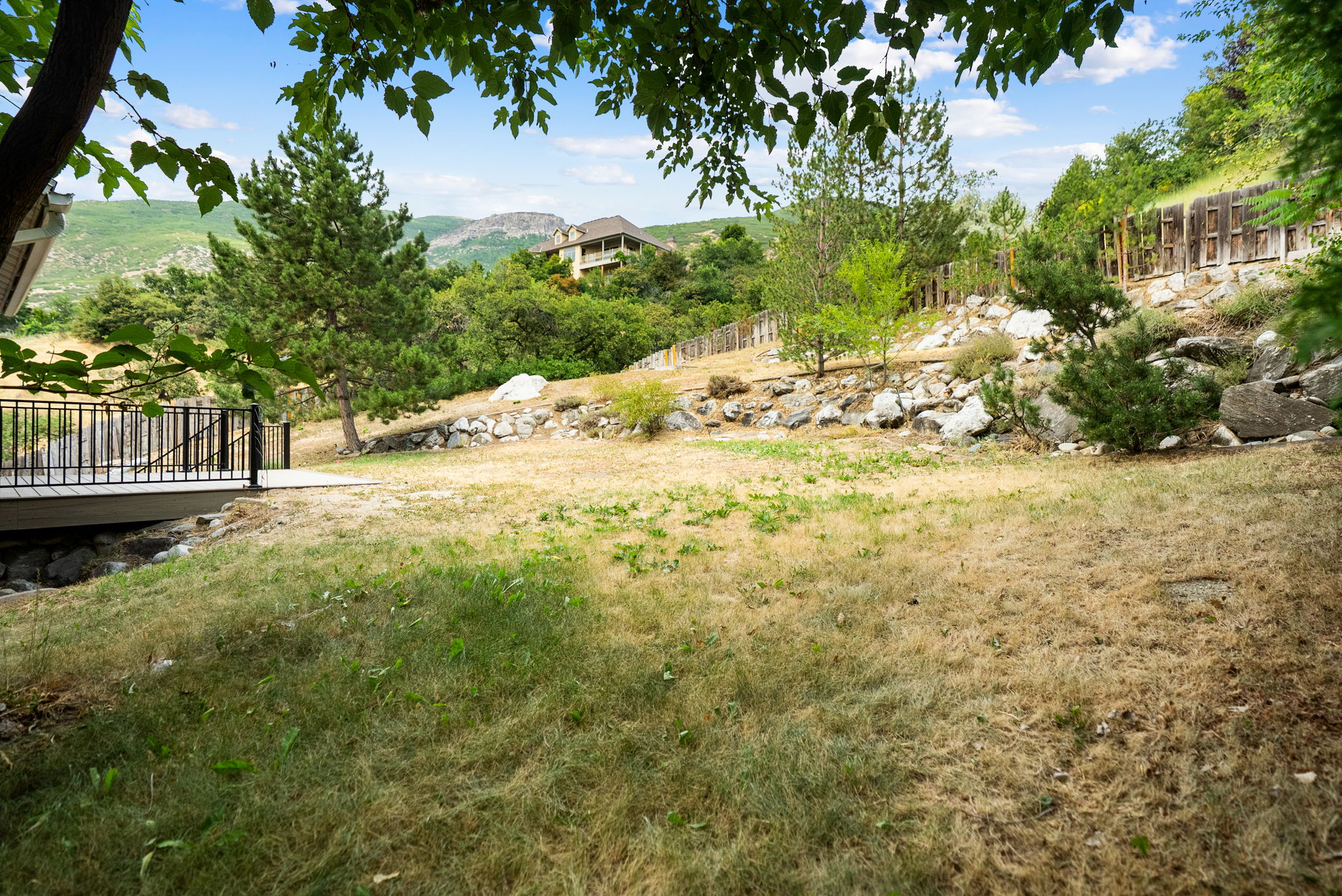 Expansive terraced yard with a large grassy area