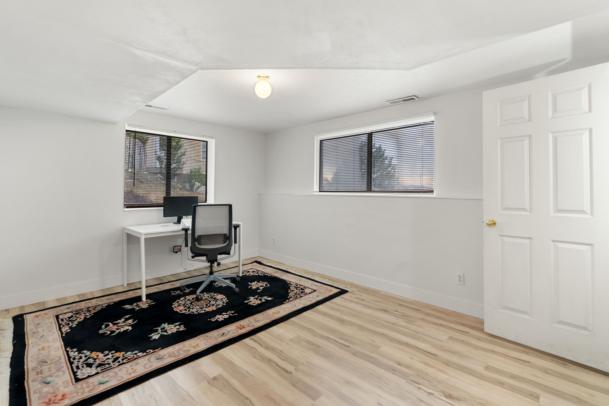 Light wood-finish flooring and bright white walls define this room, featuring two windows, an overhead light fixture, and a six-panel door with brass hardware
