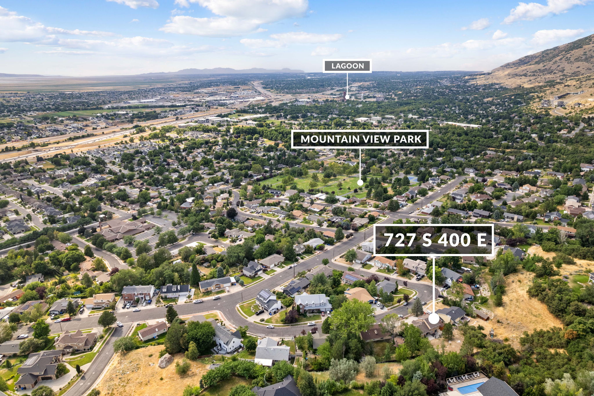Aerial perspective showcasing a residential area with varied housing styles
