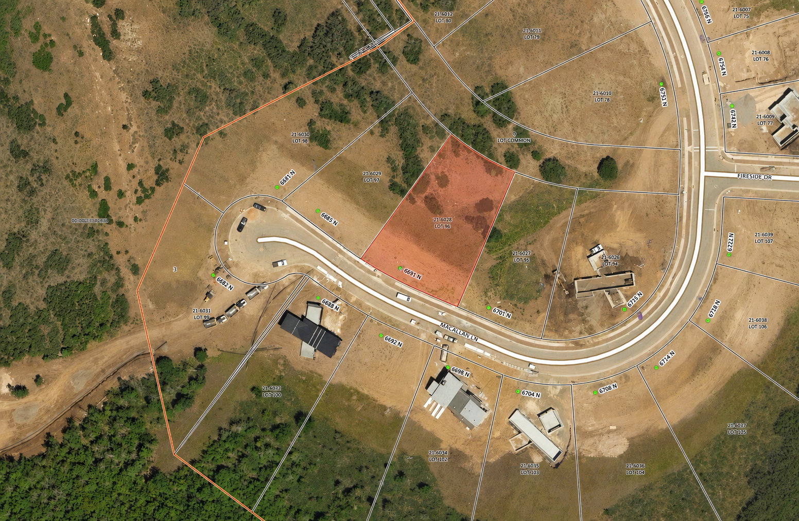 Aerial Survey. Illustrating property boundaries and lot divisions within a developed area