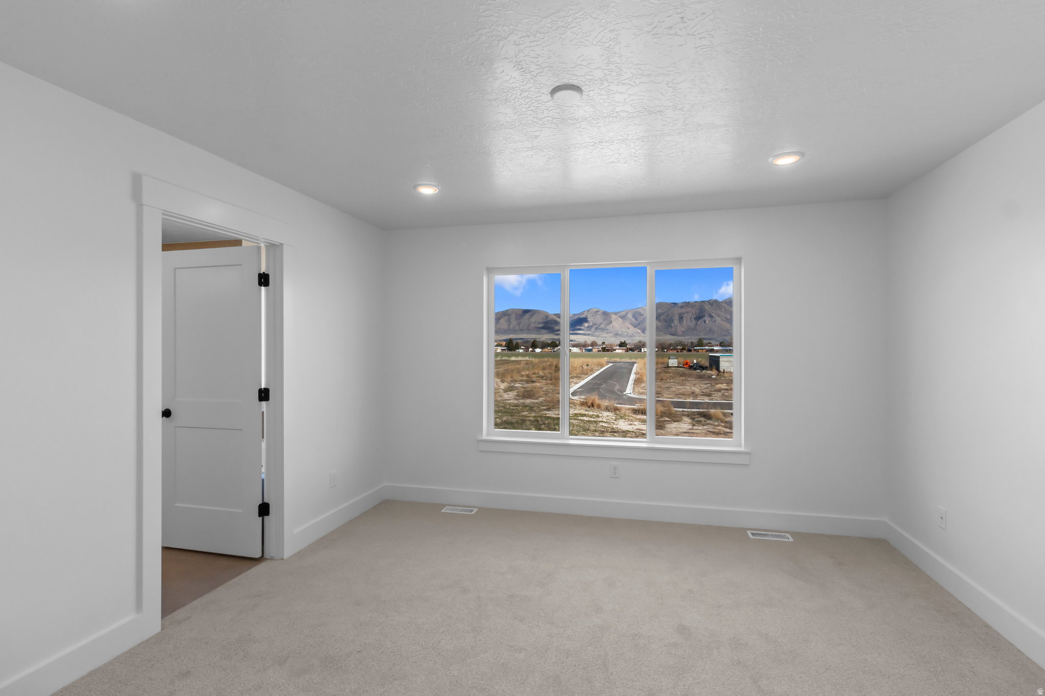 Bright interior room featuring a large multi-pane window, recessed lighting, neutral carpet, white walls, and a flat-panel interior door with matte black hardware