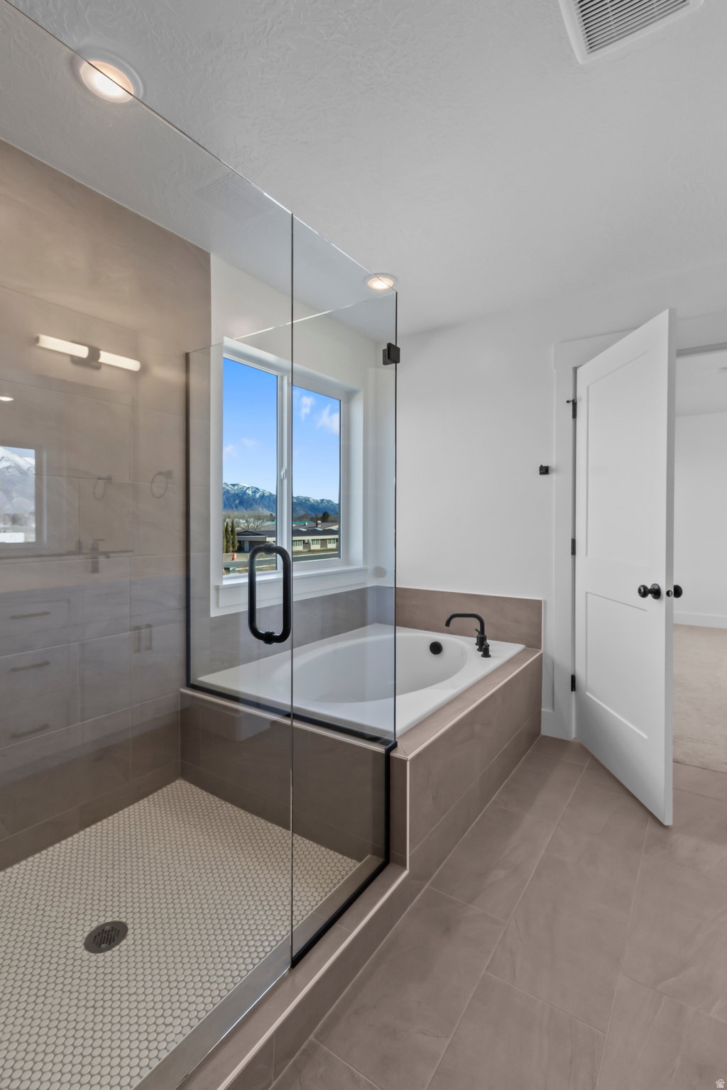 Bathroom featuring a frameless glass shower enclosure with hex tile flooring, a built-in soaking tub, and large format floor tile