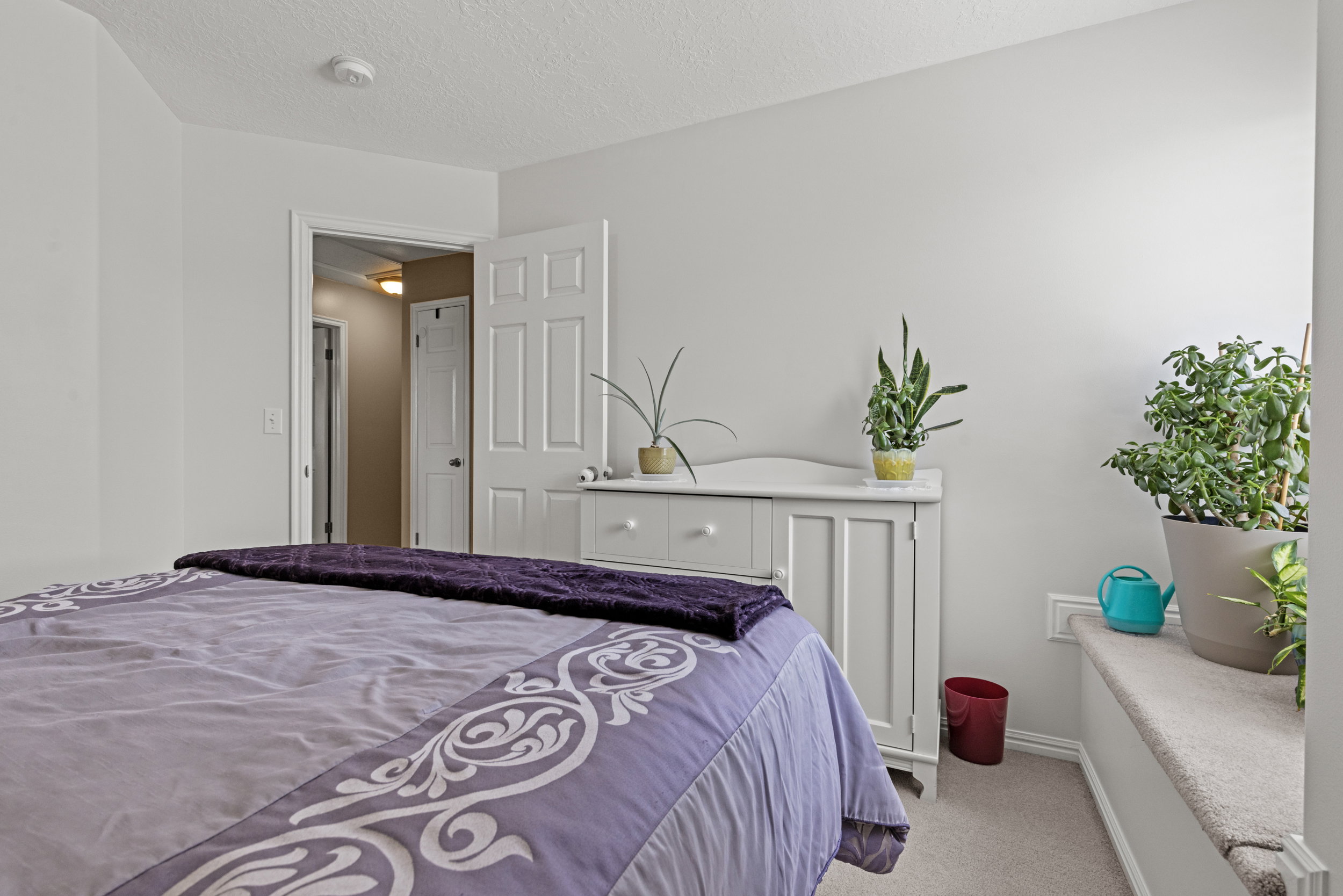 Carpeted room with light-colored walls and a white interior door