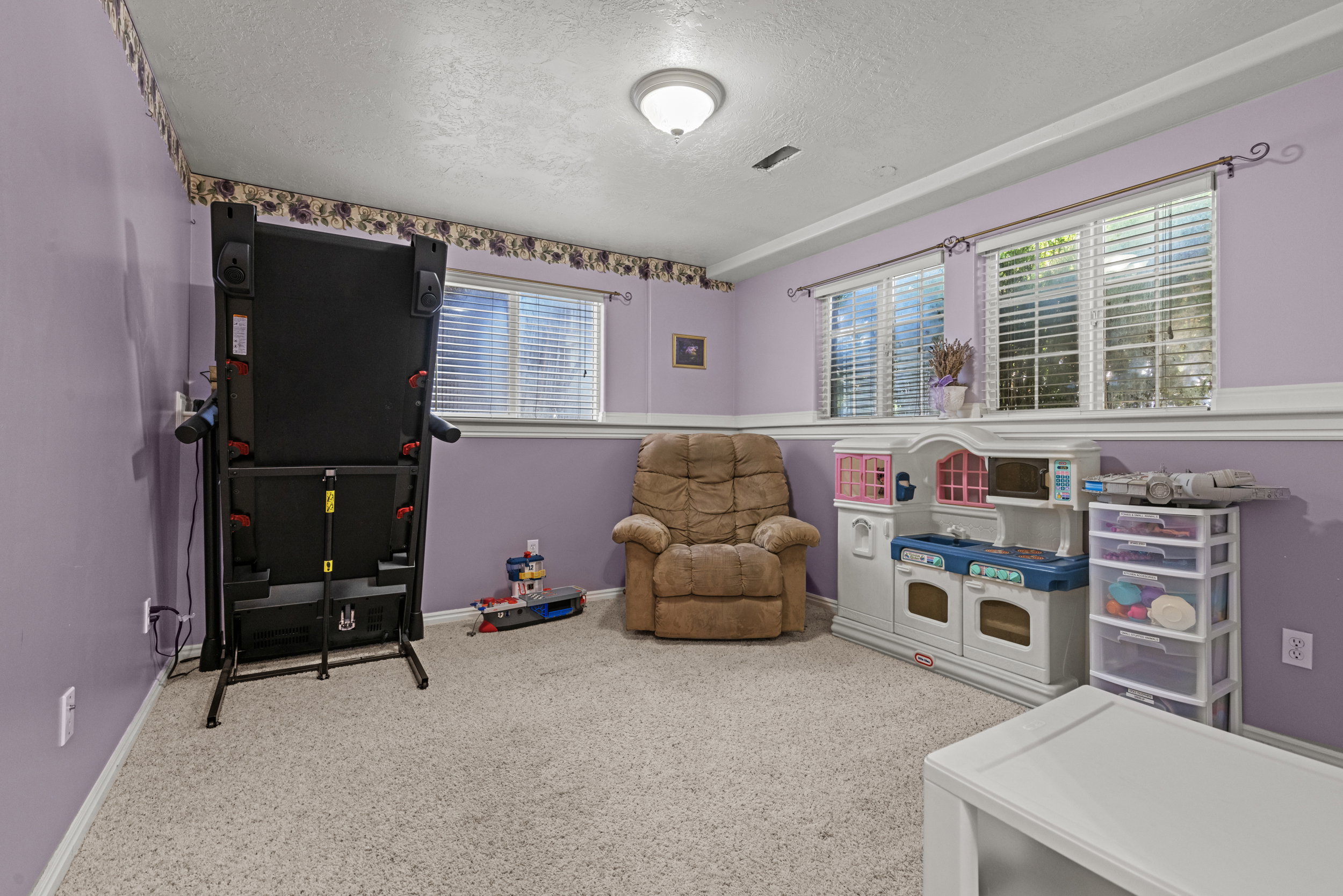 Carpeted interior space with two windows featuring white blinds, purple walls with a white chair rail, and a semi-flush ceiling light fixture