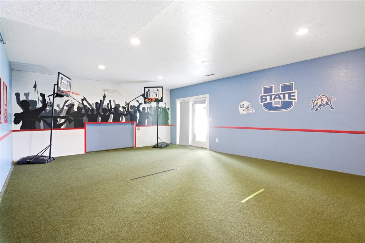 Recreation room featuring green turf-style flooring and light blue painted walls