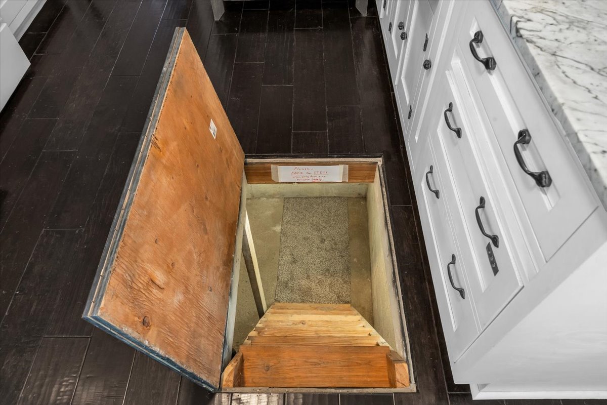 Subfloor access with a wooden door featuring a built-in wooden step