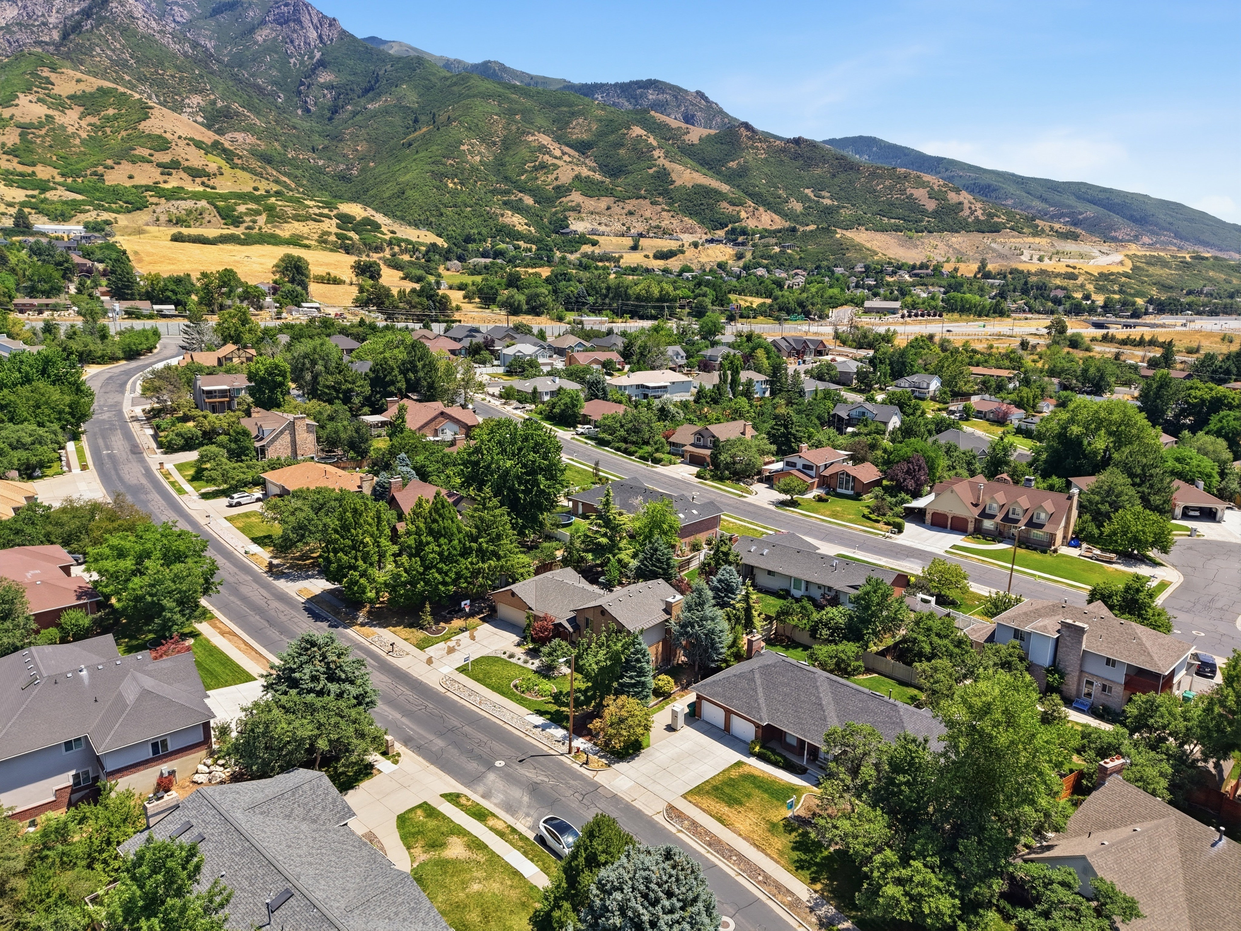 Residential neighborhood featuring mature trees, paved streets, and a mountainous backdrop