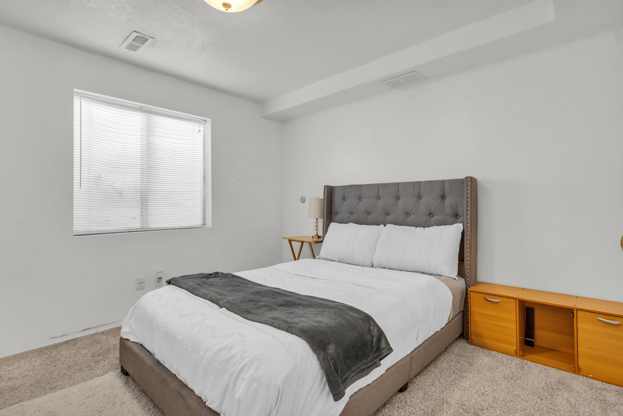 Bright bedroom featuring a single window with blinds, light-colored carpet, and a ceiling light fixture