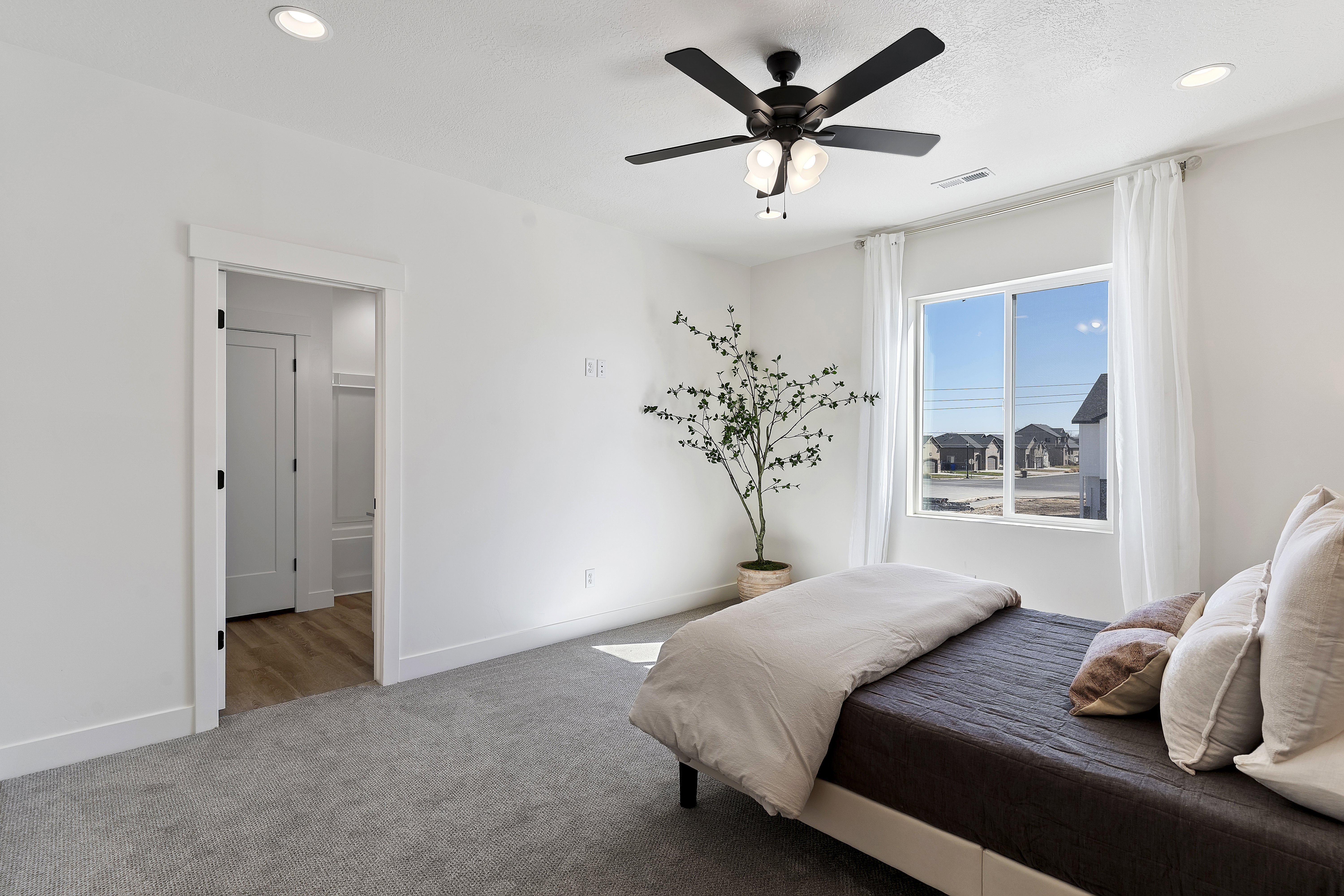 Carpeted room featuring a large window, a ceiling fan with integrated lighting, and recessed ceiling lights